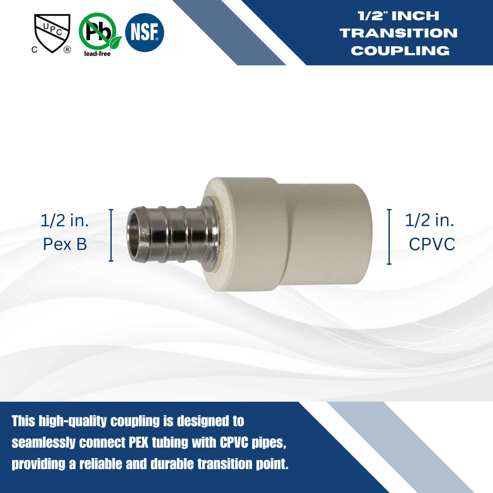 10 PIECES 1/2″ PEX X 1/2″ CPVC TRANSITION COUPLING (LEAD FREE BRASS