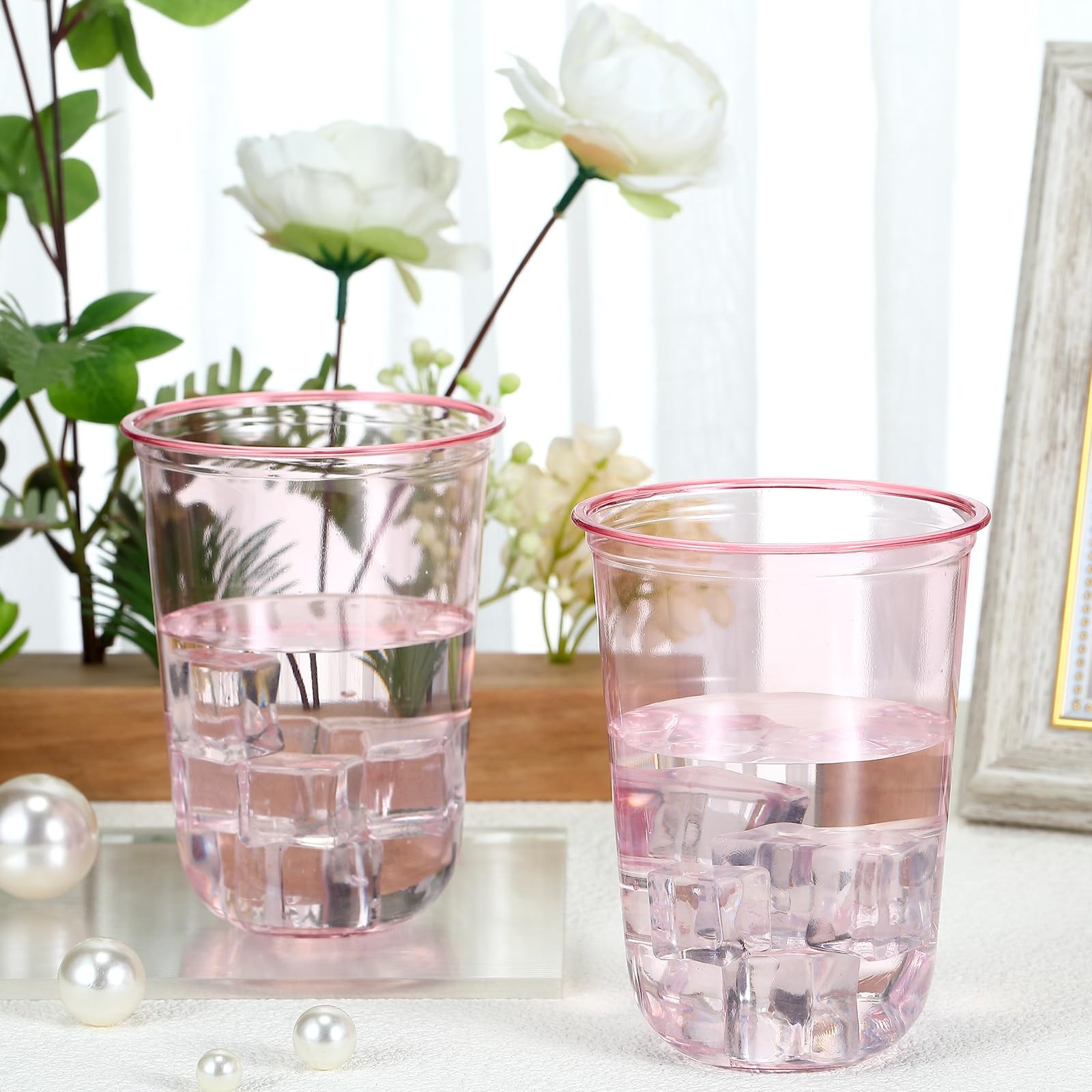 50 Pcs 16oz Disposable Stemless Glasses Crystal Plastic Wine Glasses Clear Pe…