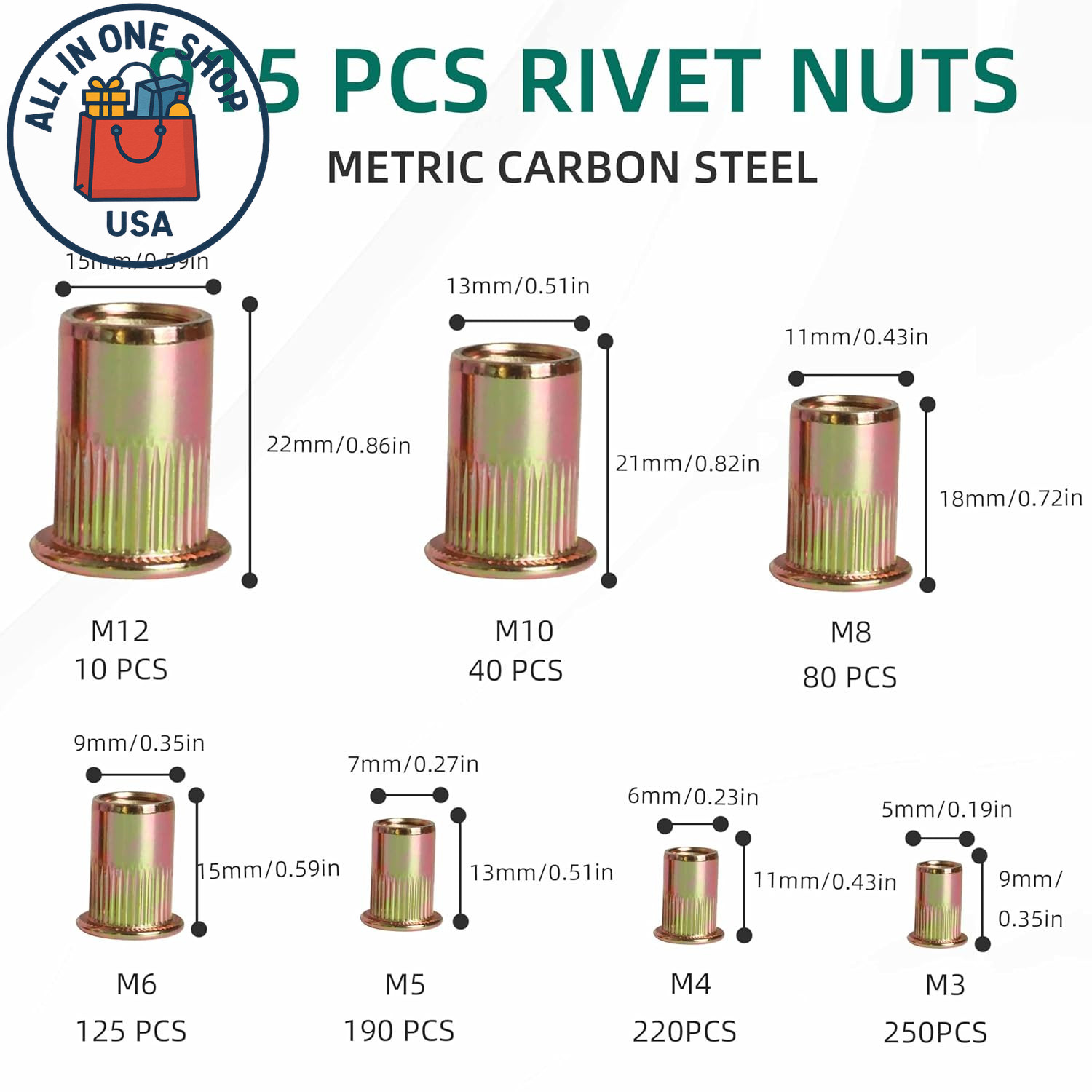 Metric Rivet Nut Assortment Kit M3 M4 M5 M6 M8 M10 M12 Carbon Steel 915 Pcs