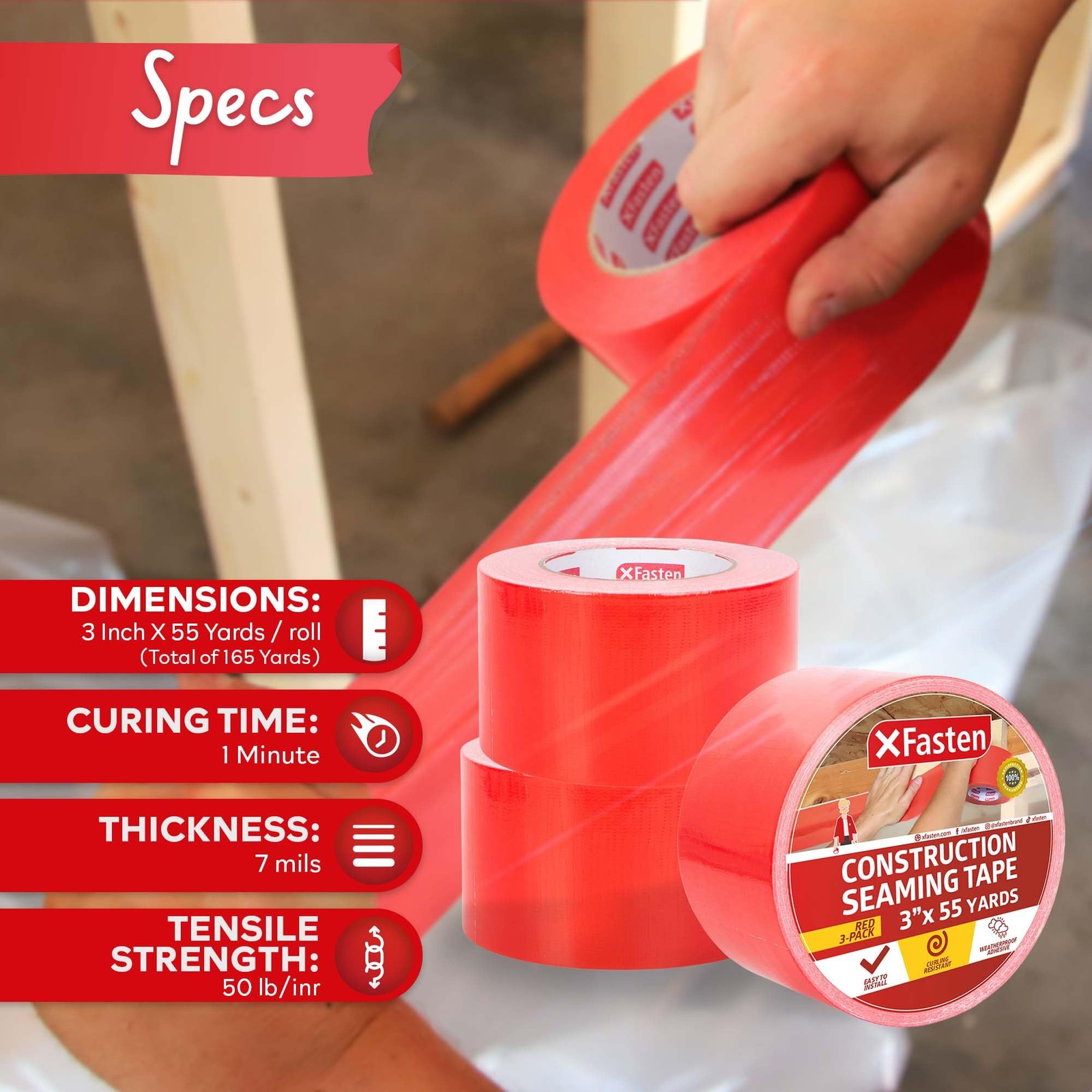 Construction Seam Tape Red, 3 x 55Yds (3-Pack, 495Feet Total) Resin Tape for