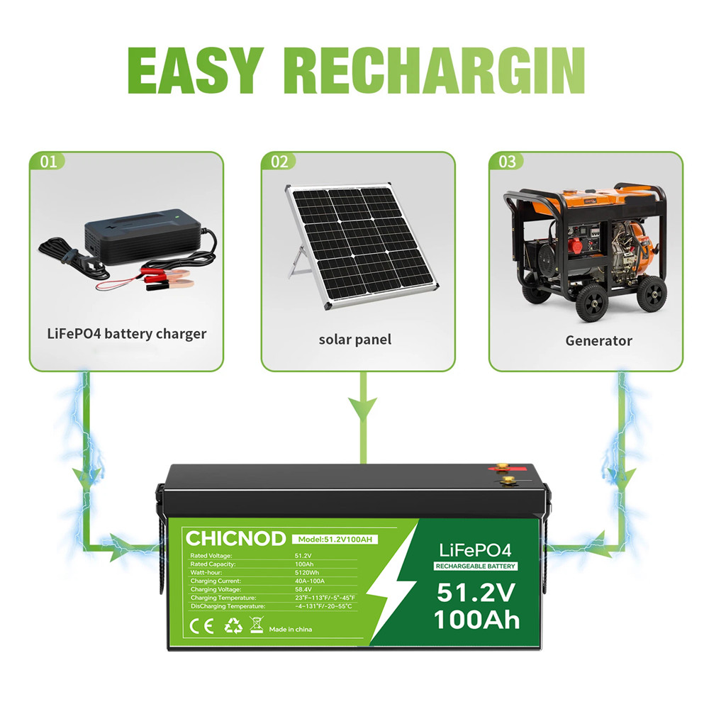 Bluetooth LiFePO4 Battery 51.2V 100Ah Golf Car Solar RV Backup Power BMS CHICNOD