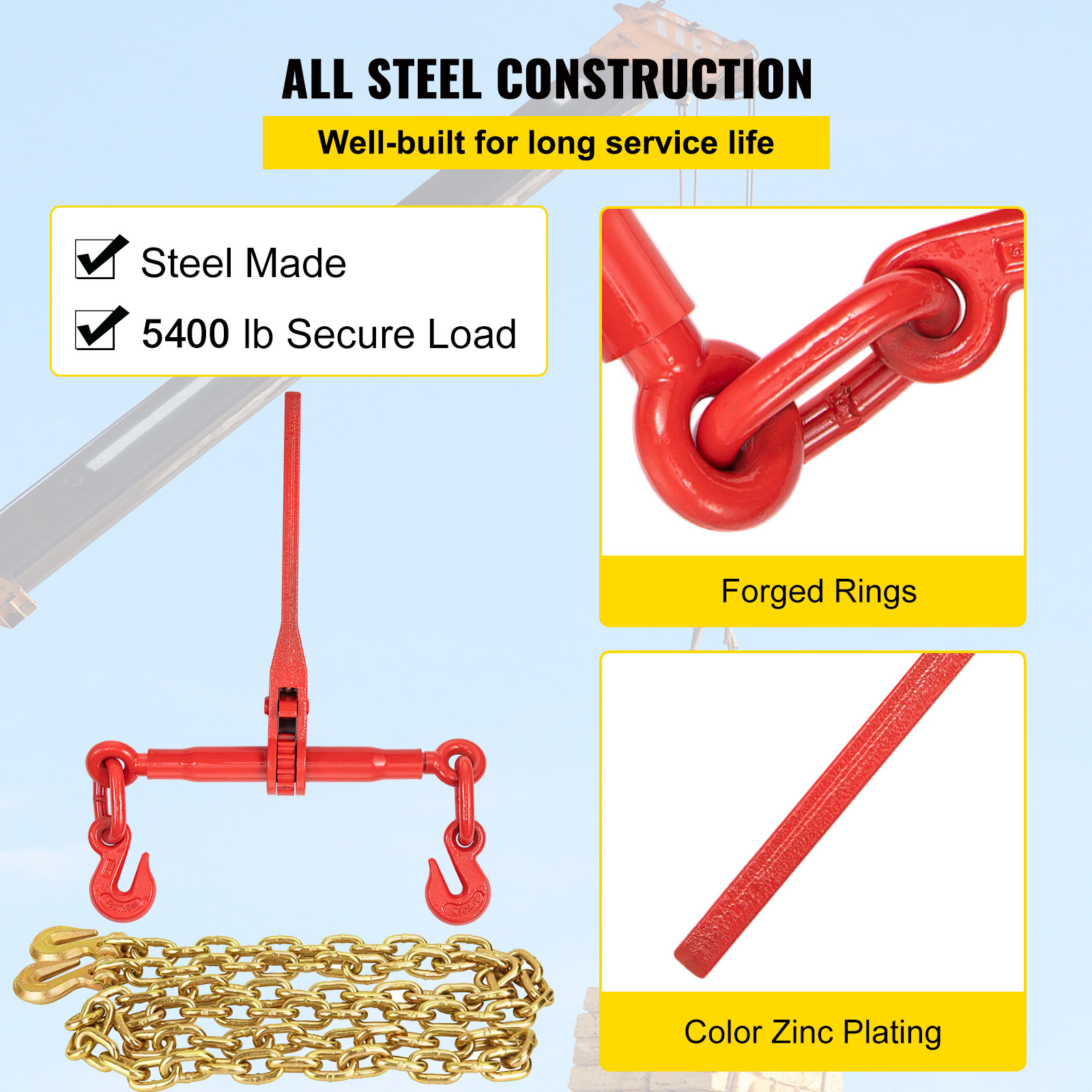VEVOR G80 Ratchet Binder 5/16″-3/8″ Load Binders 22000 lb w/ 21′ Chains 4 Pack
