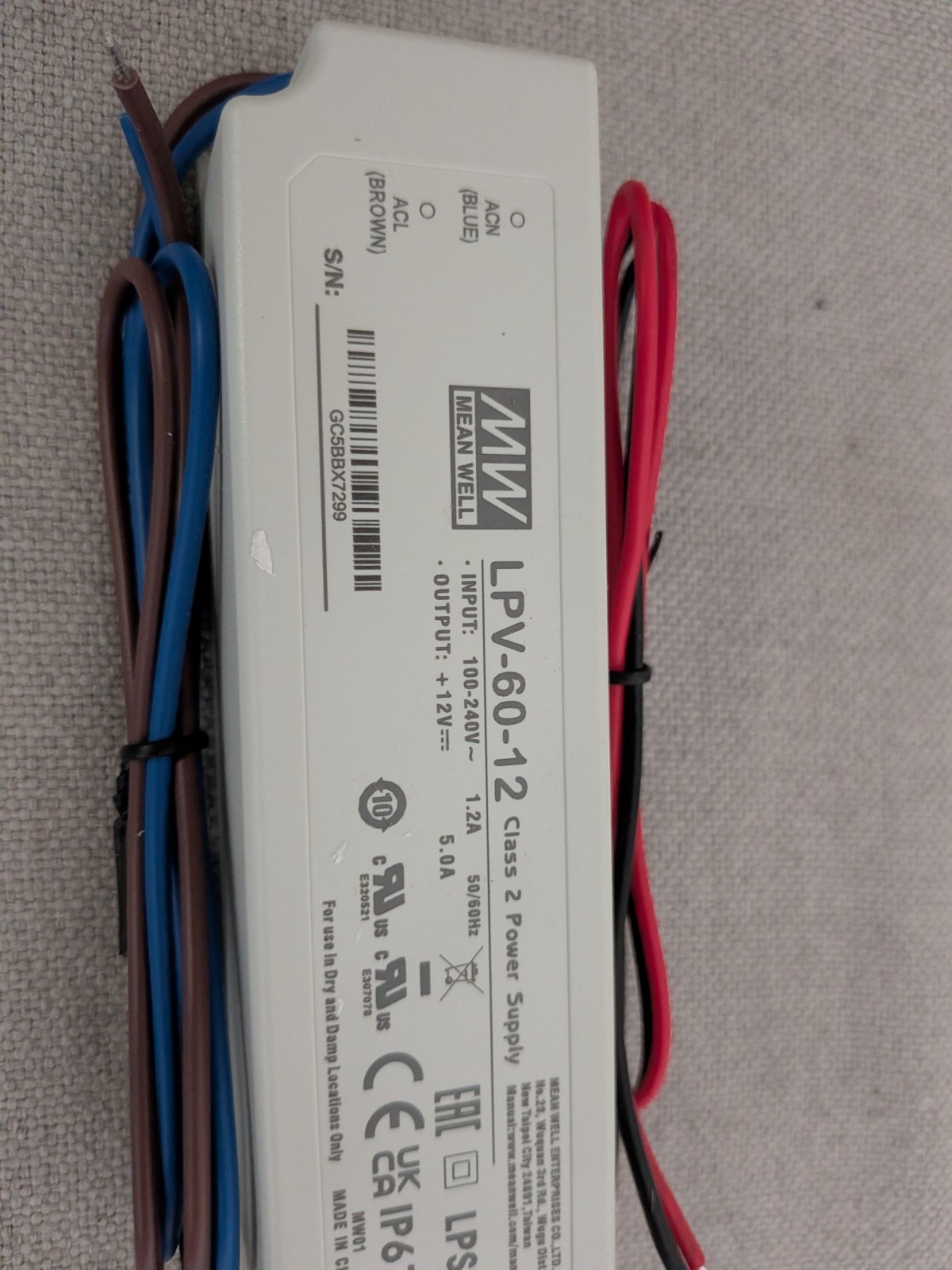 Mean Well Meanwell LPV-60-12 60W 12V 5A IP67 Class 2 Power Supply Driver NEW