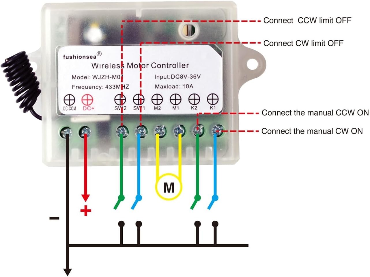 DC 8V 12V 24V 36V Motor Remote Control Switch for Control Linear Actuator, 433Mh