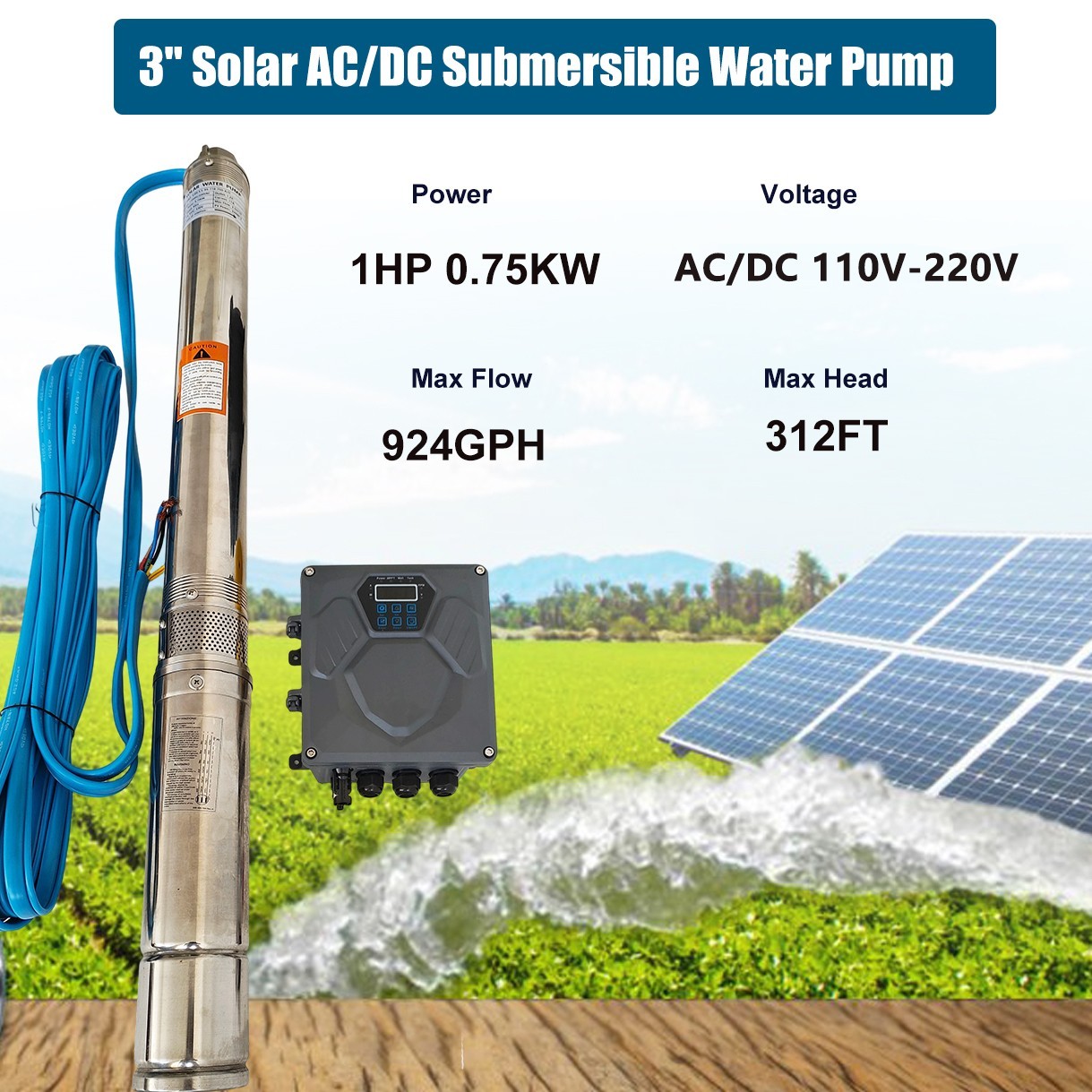3″ AC110V/DC220V Solar Powered Bore Well Water Pump 1HP Submersible Hybrid Deep