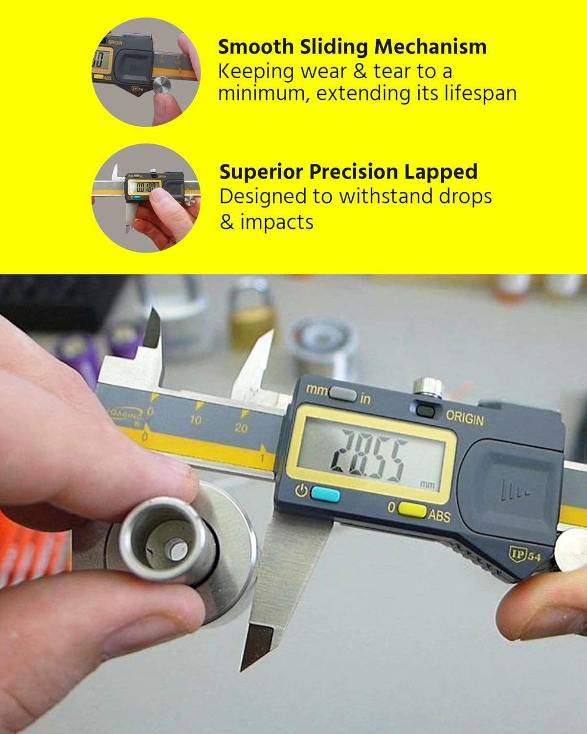 Absolute Origin 0-6″ Digital Caliper, IP54 Stainless Steel, SPC/USB Output Port,