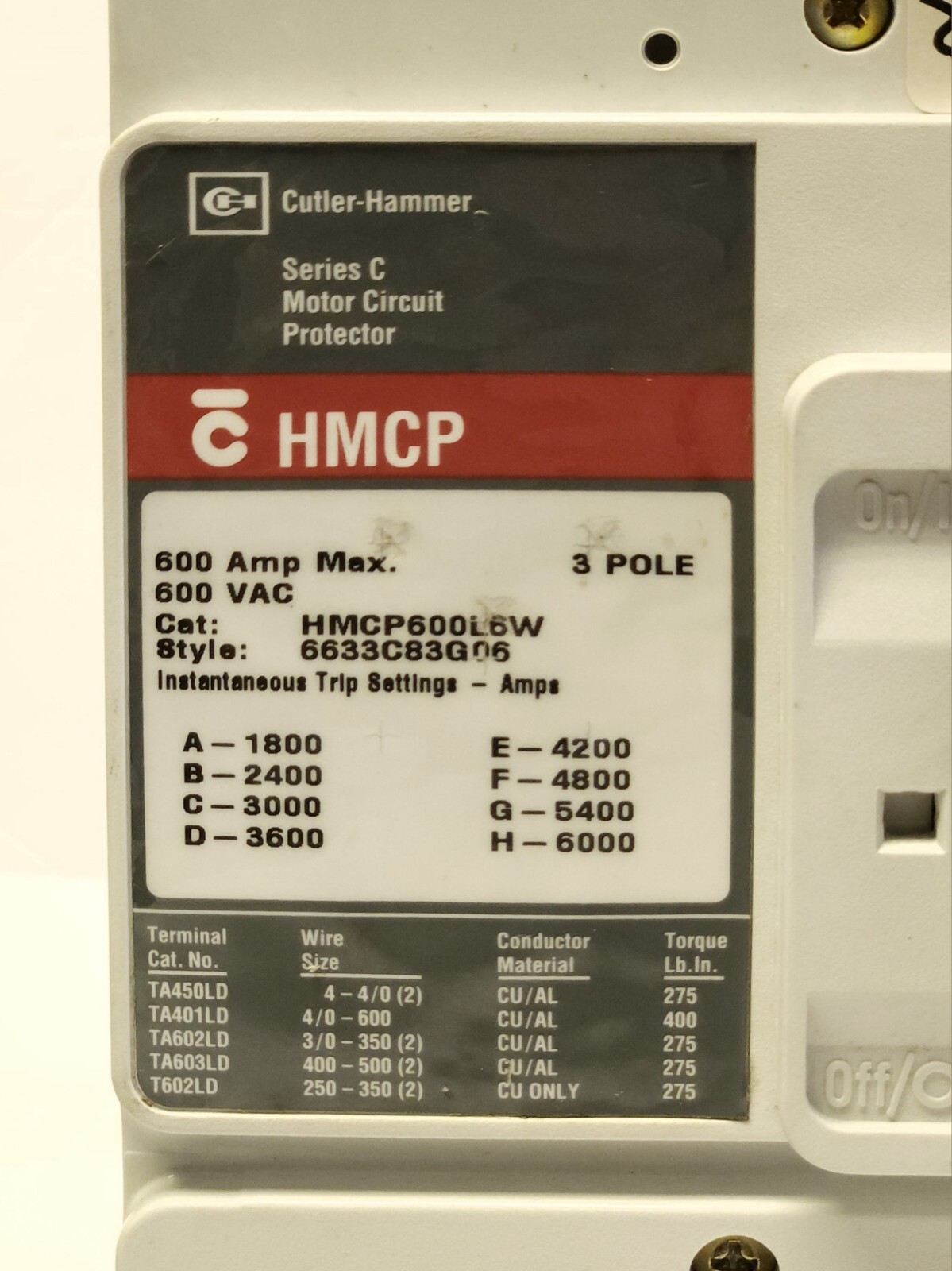 EATON CUTLER HAMMER HMCP600L6W 600 AMP Type HMCP Motor Circuit Protector 1800