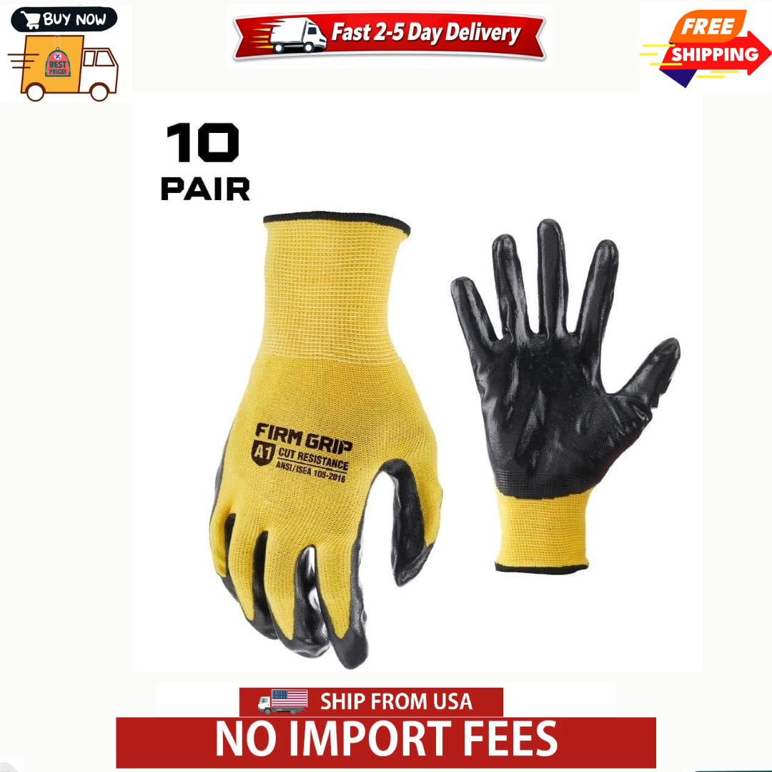 FIRM GRIP Work Gloves Men’s Large Nitrile Coated Machine Washable Yellow 10 Pack