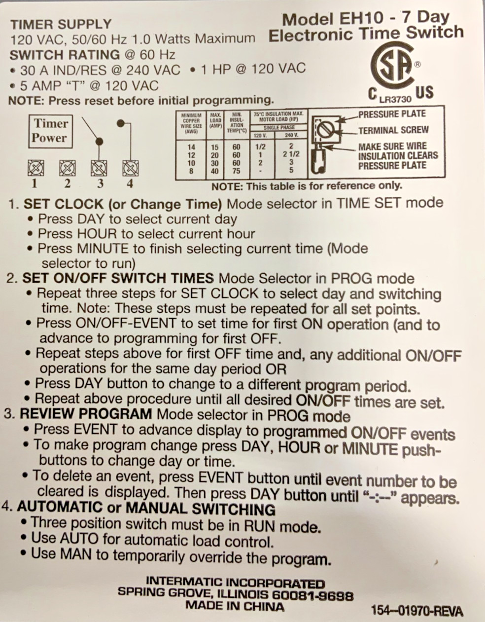 NEW Intermatic EH10 Single Phase 7 Day Electronic Water Heater Timer 45D