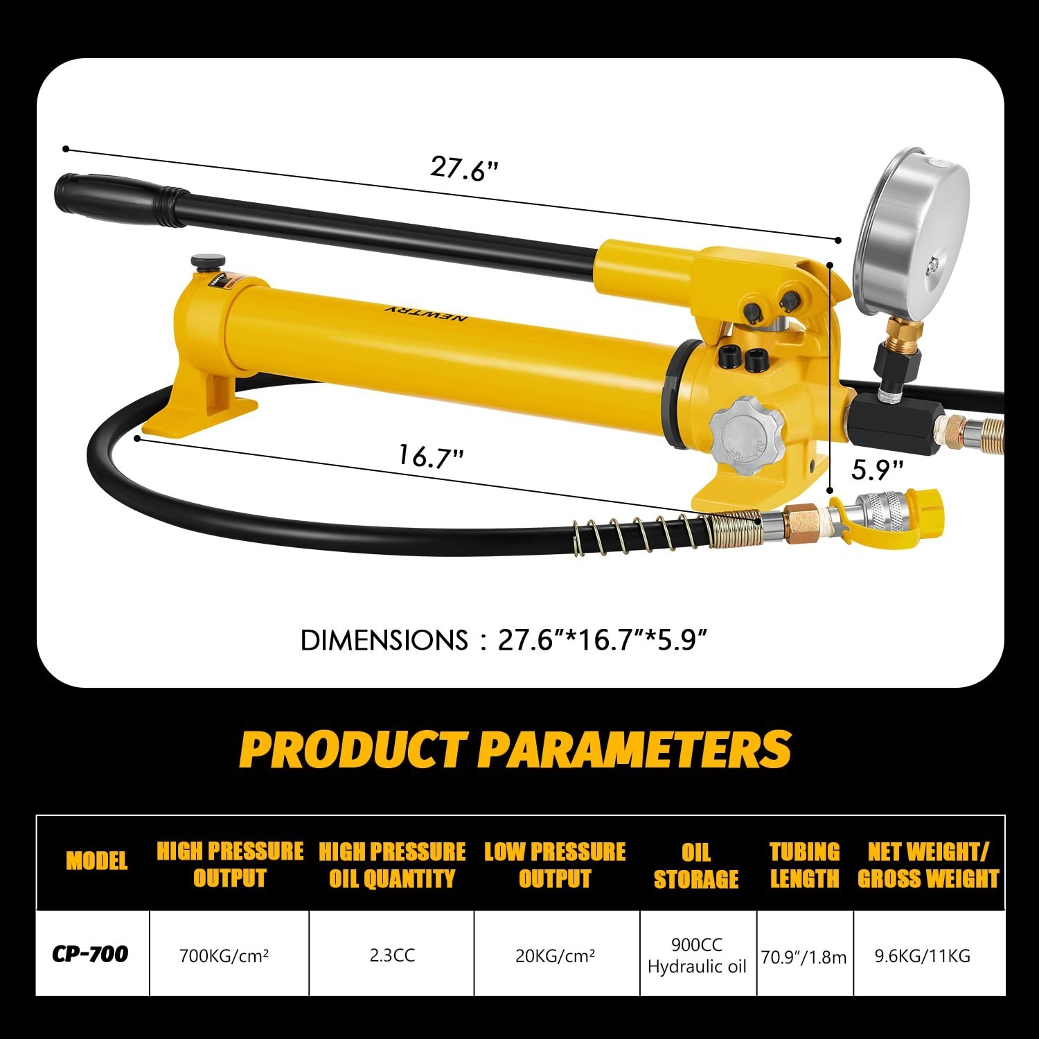 CP-700 Manual Hydraulic Hand Pump w/Oil Gauge Single Acting 9947psi