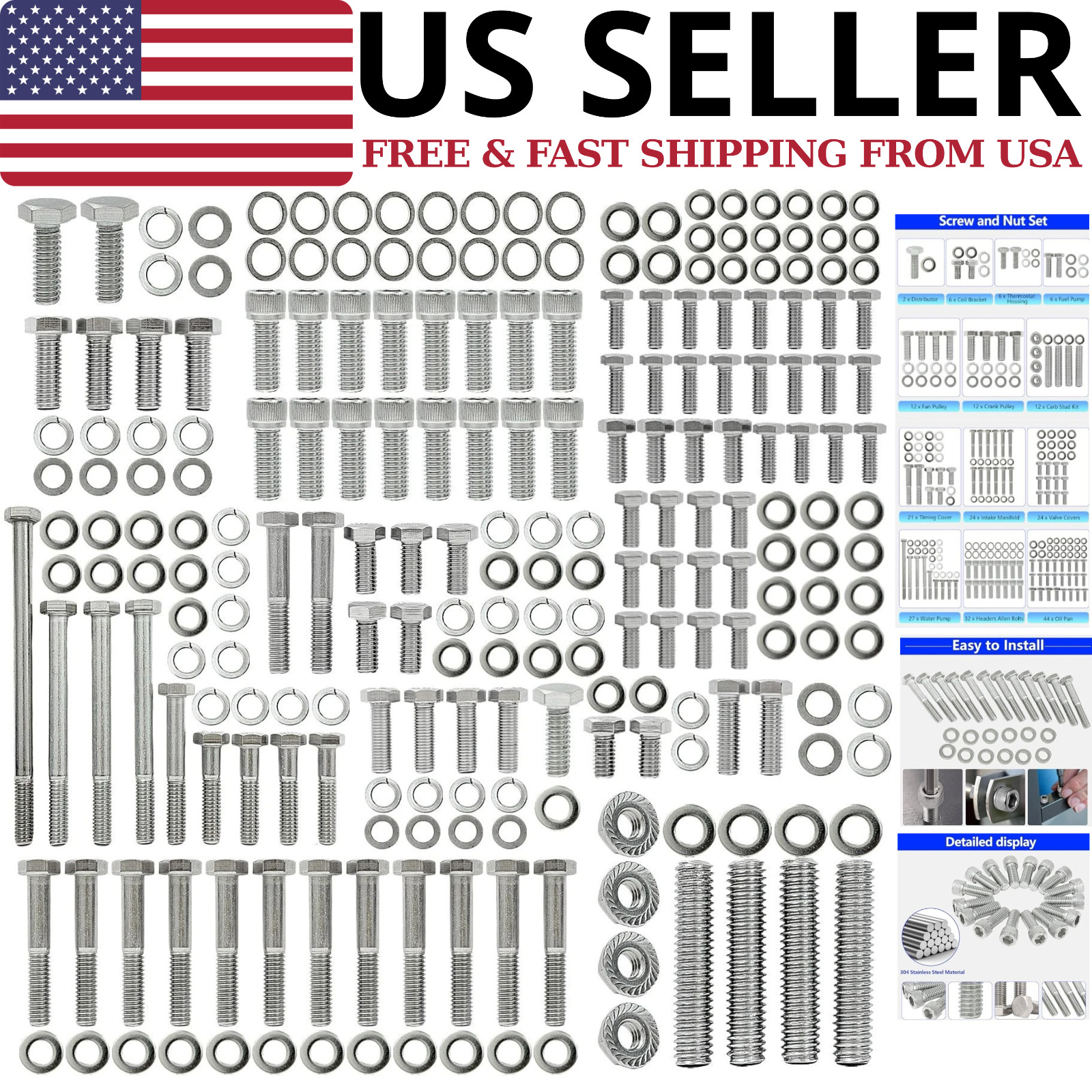 Stainless Steel Hex Bolt Kit for Ford 260 289 302 Engines – 228 Pcs Nuts & Bolts