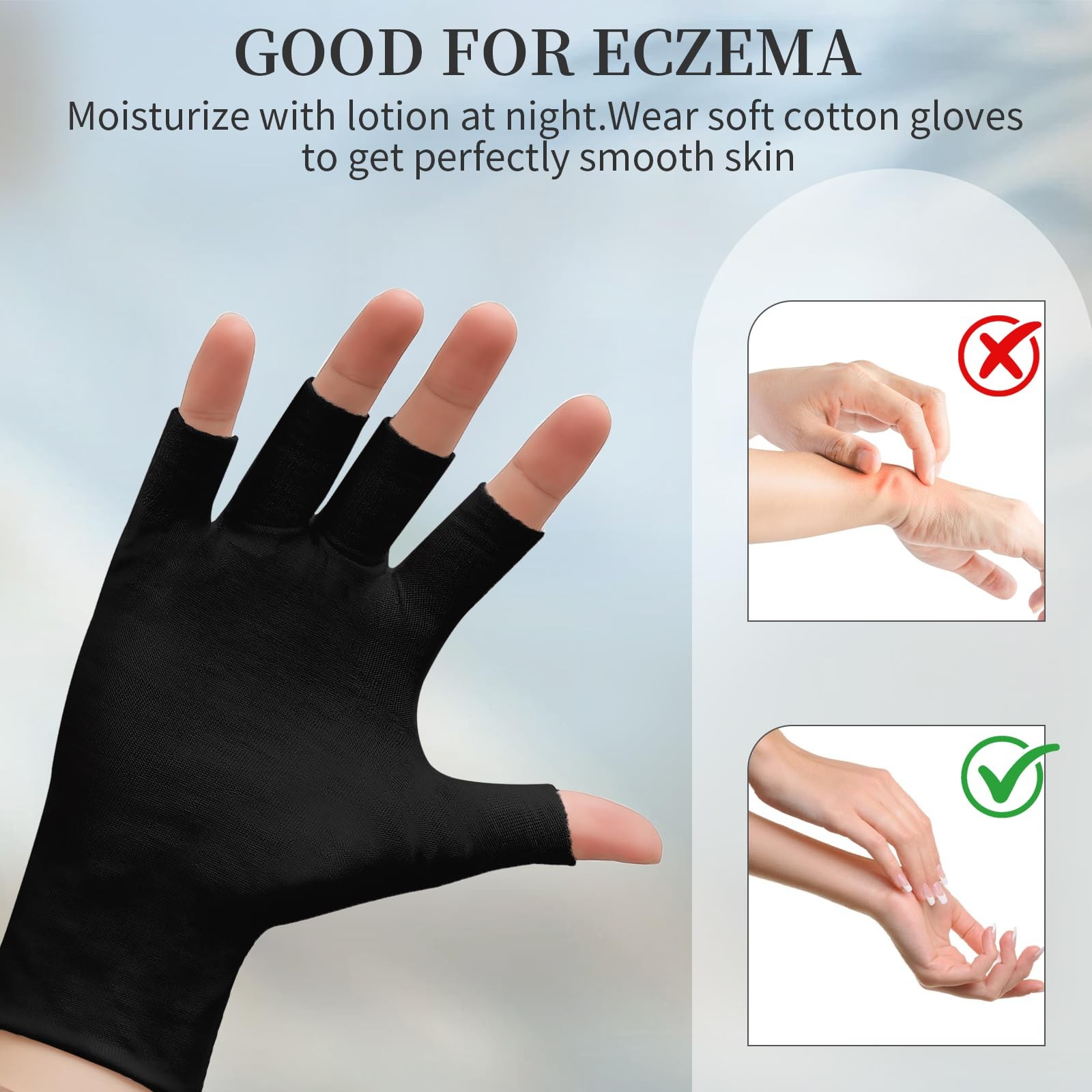 3Pairs Fingerless Cotton Gloves, Black Moisturizing Gloves