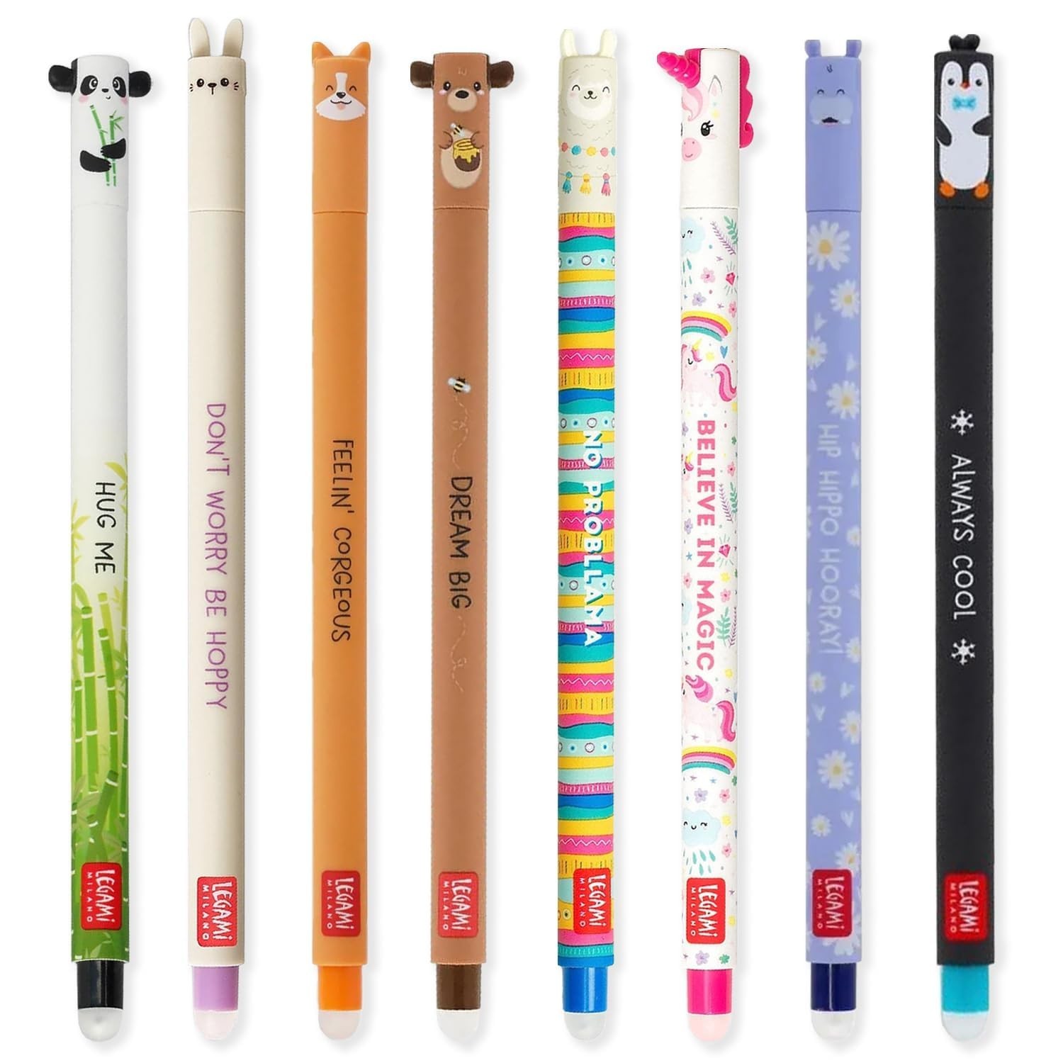 Legami 8 Erasable Gel Pens 0.7mm Tip – Panda Bunny Corgi Teddy Llama Unicorn