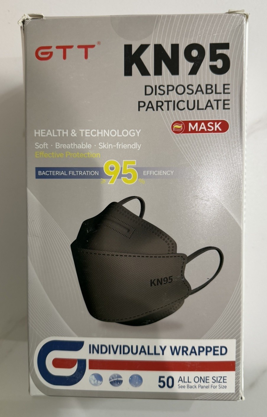 GTT KN95 Black Disposable Particulate Masks Individually Wrapped 50 Pack