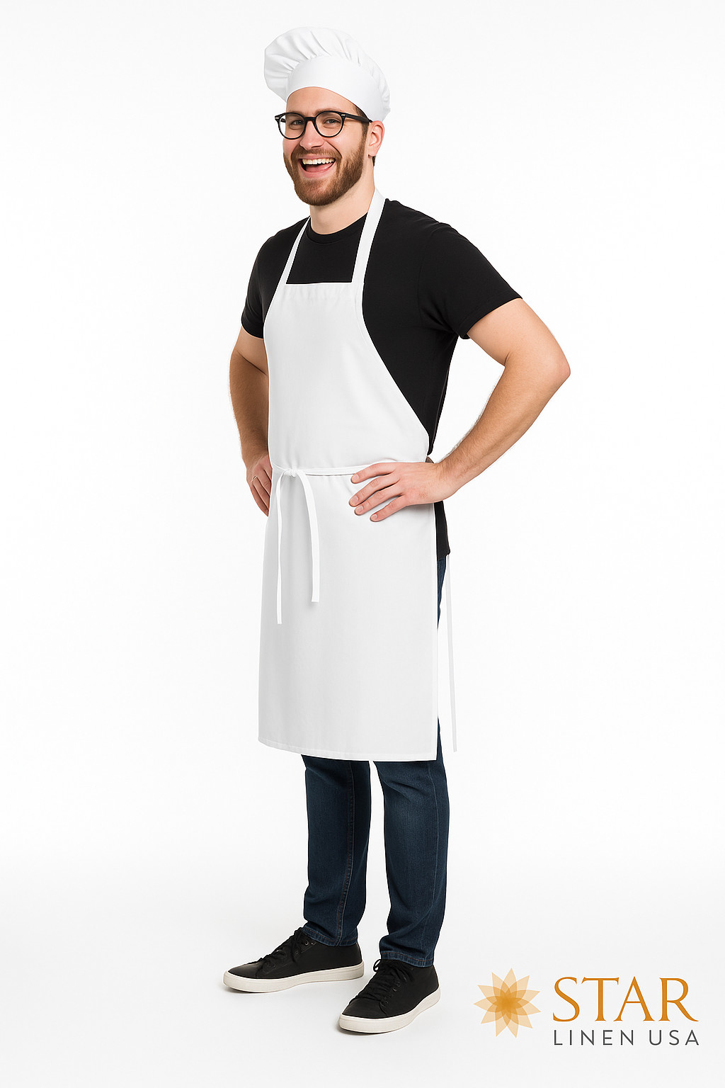34″ x 36″ White Bib Apron Without Pockets, Duck Weave Cotton-Poly Blend Long Tie