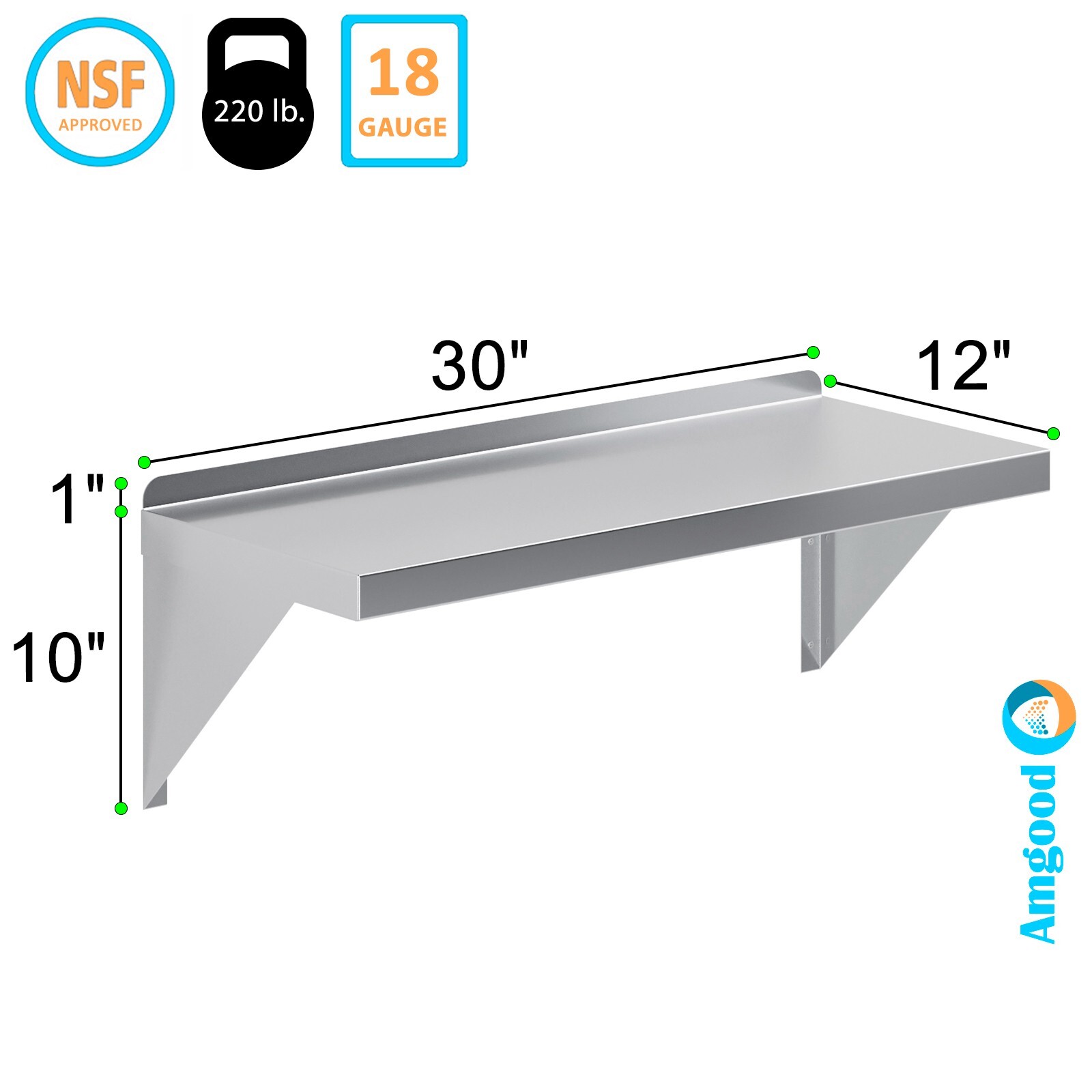 12 in. x 30 in. Stainless Steel Wall Shelf With Squared Edge