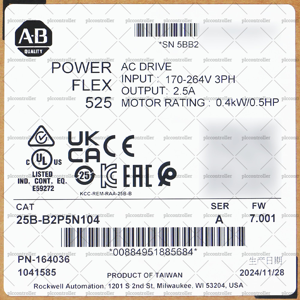 New Allen Bradley 25B-B2P5N104 PowerFlex 525 0.4kW (0.5Hp) AC Drive No Filter