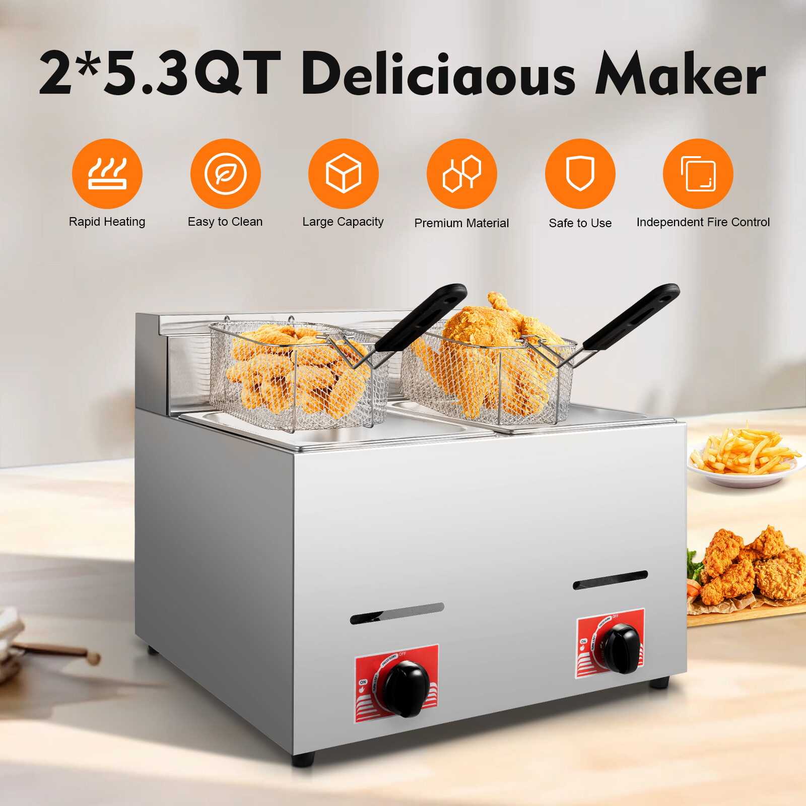 Countertop Gas Fryer Commercial Propane Deep Fryer 12L W/ 2Baskets LPG + 2 Lids