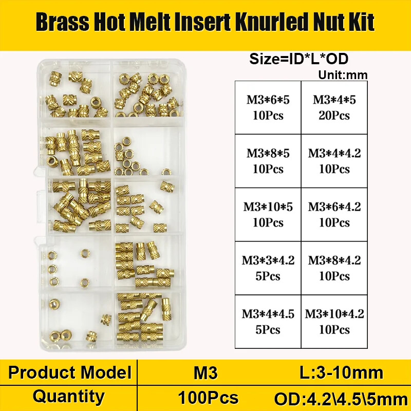 Brass Threaded Insert Nut Kit M2 M2.5 M3 M4 M5 M6 M8 Hot Melt Heat Knurled Embed