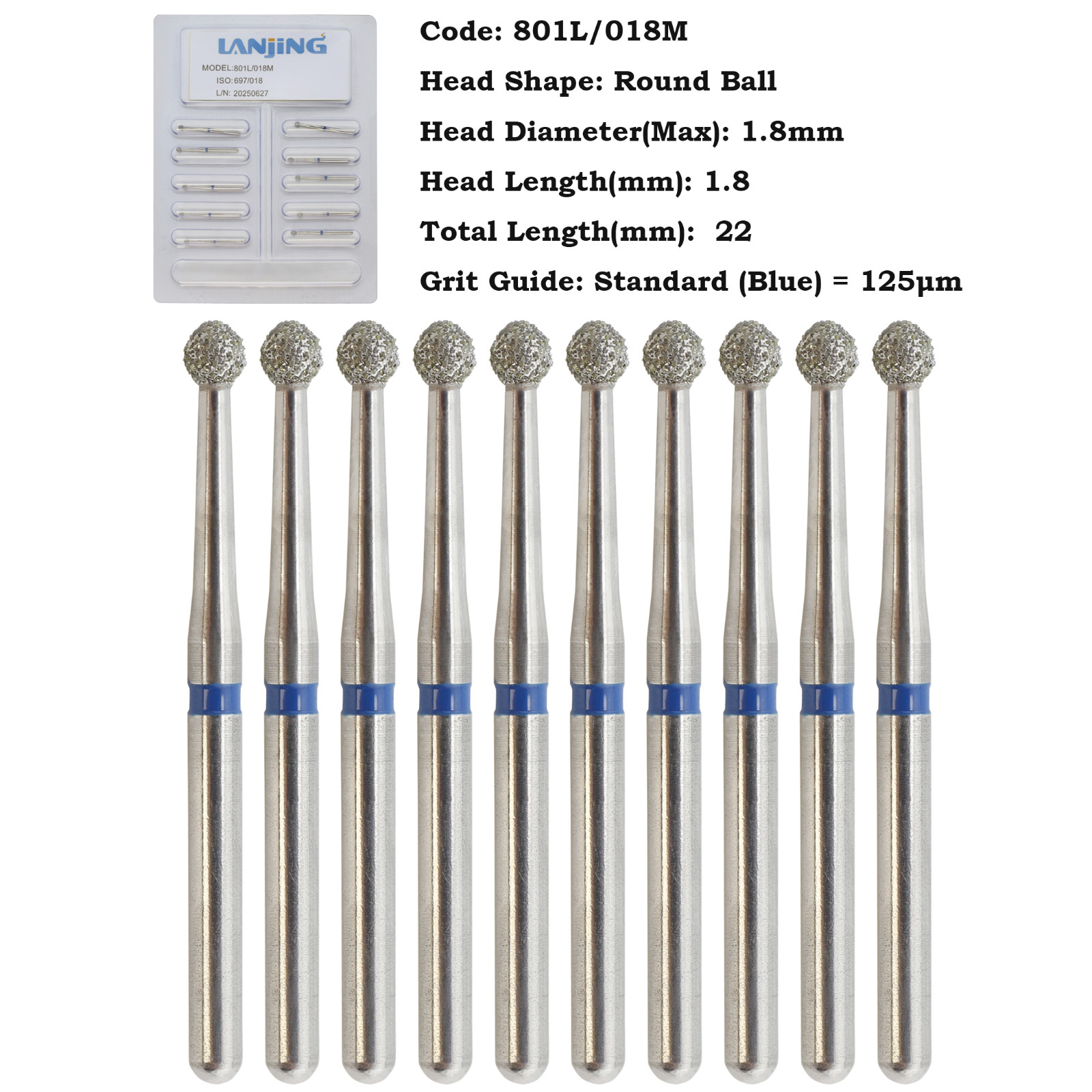 Multi-Use High Speed Diamond Burs Long Round Ball Burr Surgical FG 801/023C