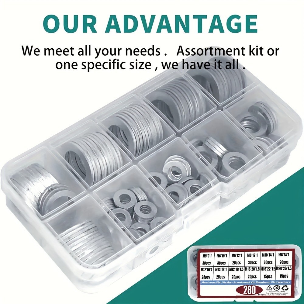 280Pcs Aluminum Flat Washer Kit – Multiple Sizes for Mechanical & DIY Repairs