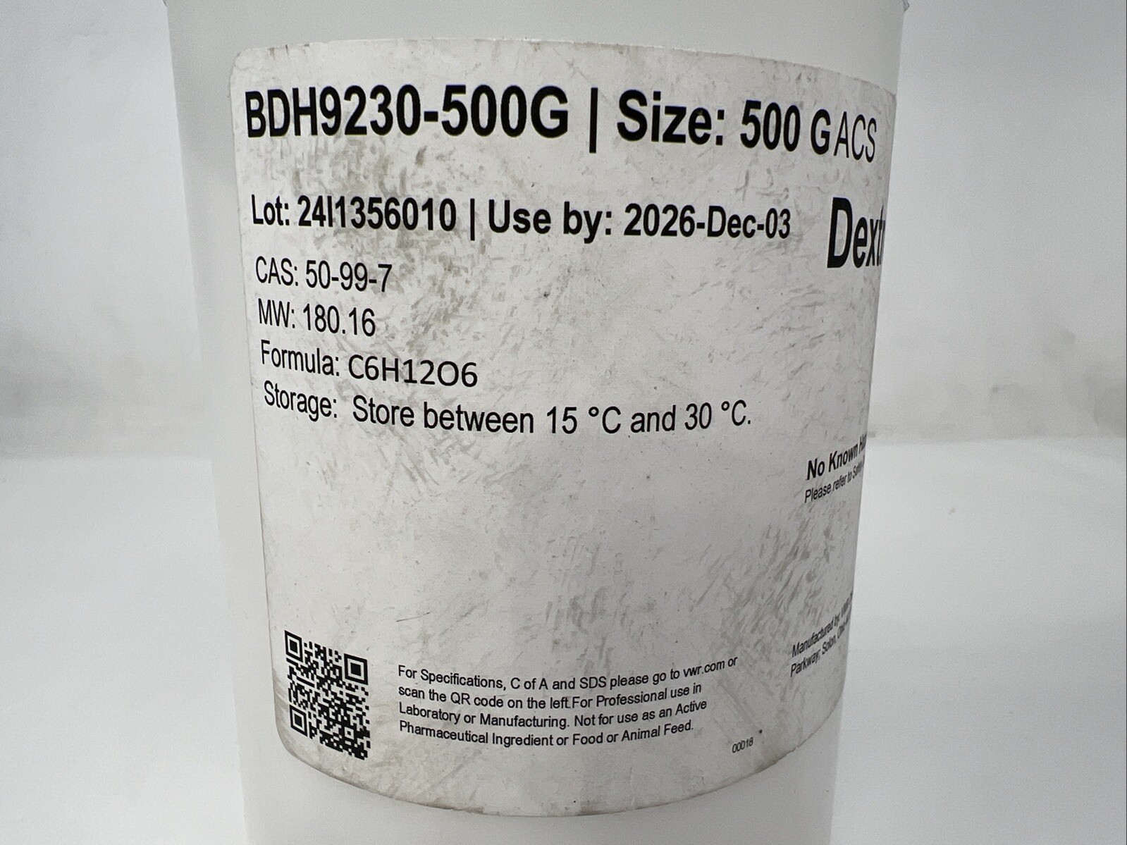 VWR Chemicals Dextrose Anhydrous BDH9230-500G, 500 grams, Sealed C6H12O6