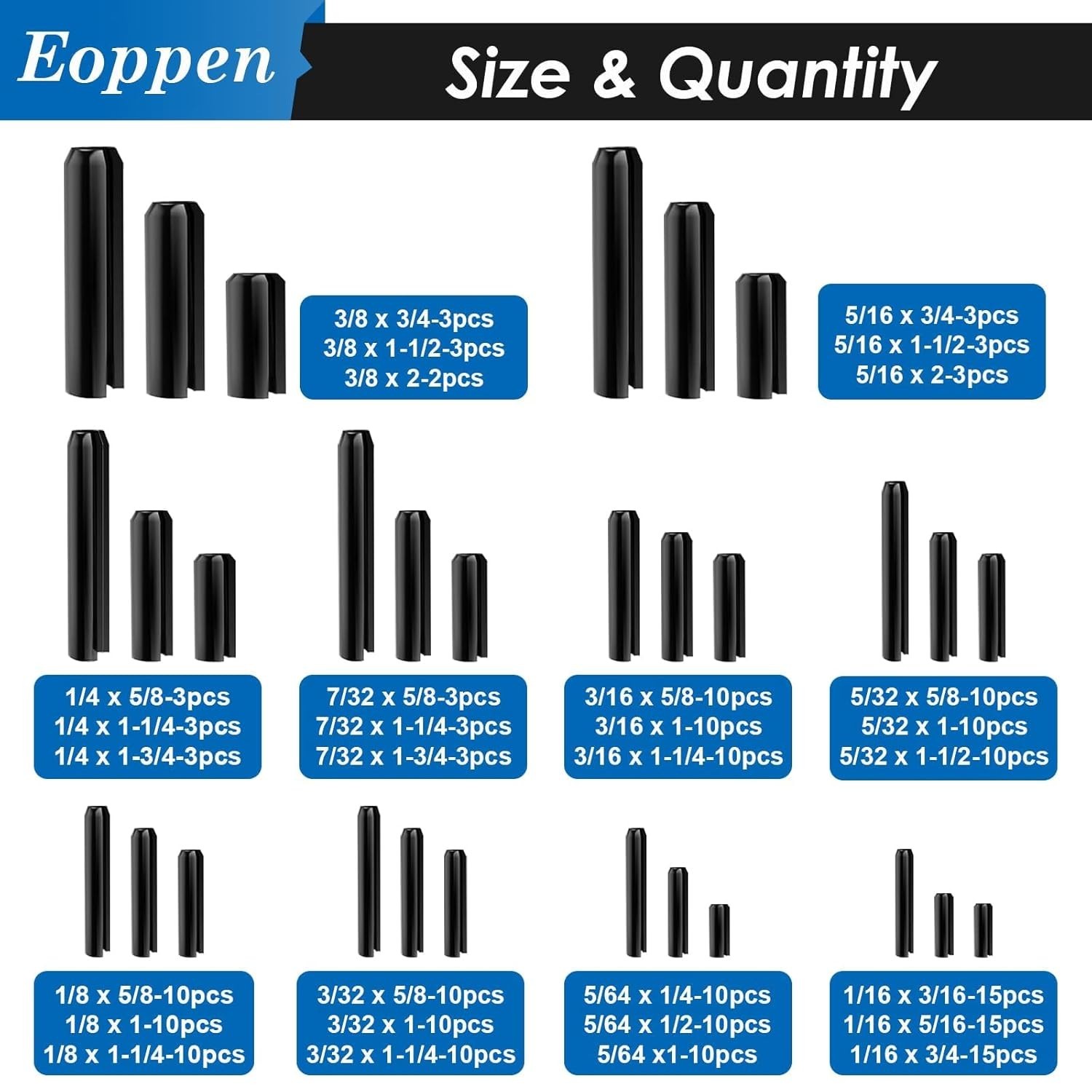 230PCS SAE Roll Pin Assortment Set 10 Sizes Steel