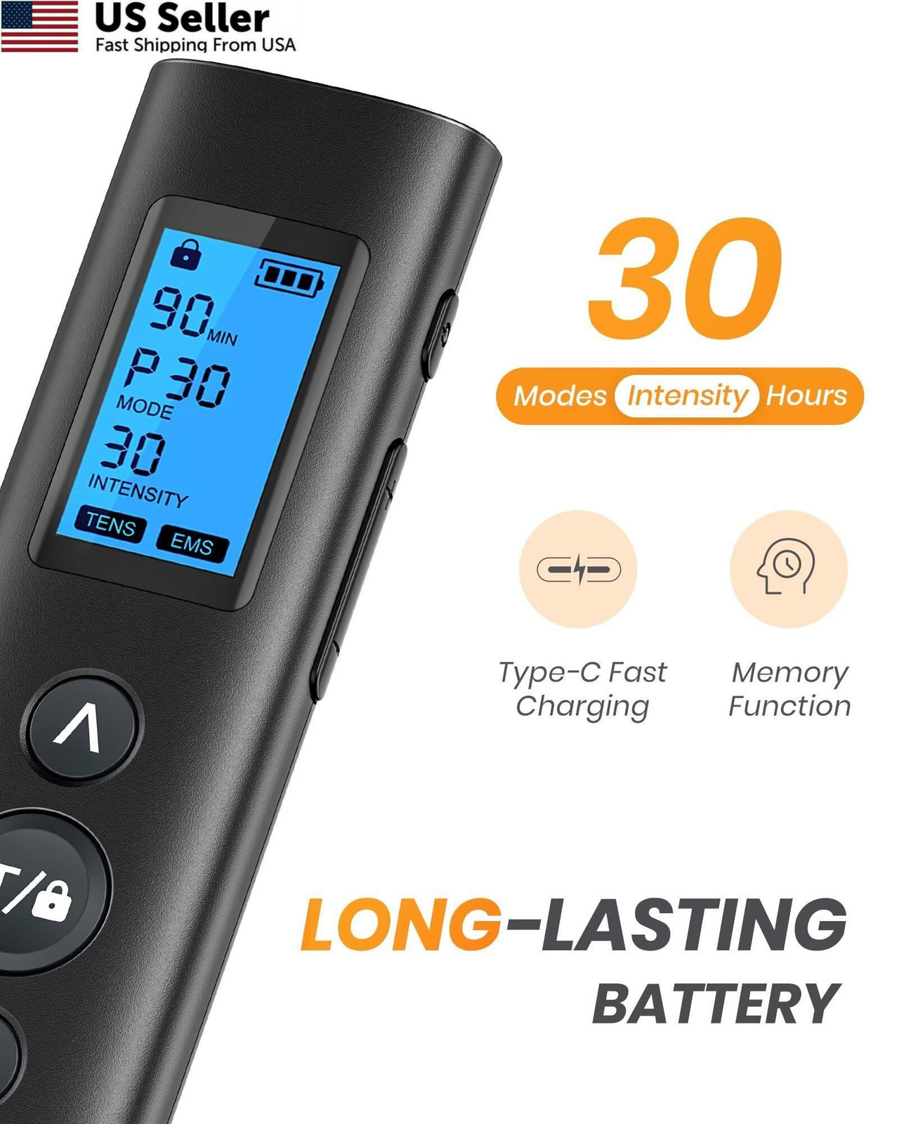 AVCOO 30 Modes TENS EMS Unit Compact Muscle Stimulator for Pain Relief Black