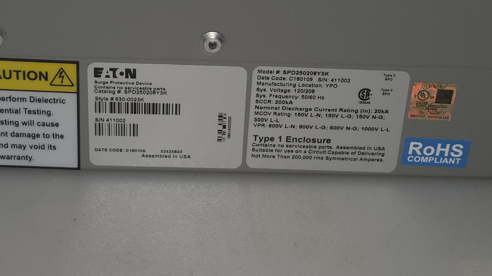 EATON SPD250208Y3K SPD, 250KA, STD W/COUNTERPKG., NEMA 1. 120/208v WYE 630-0023k