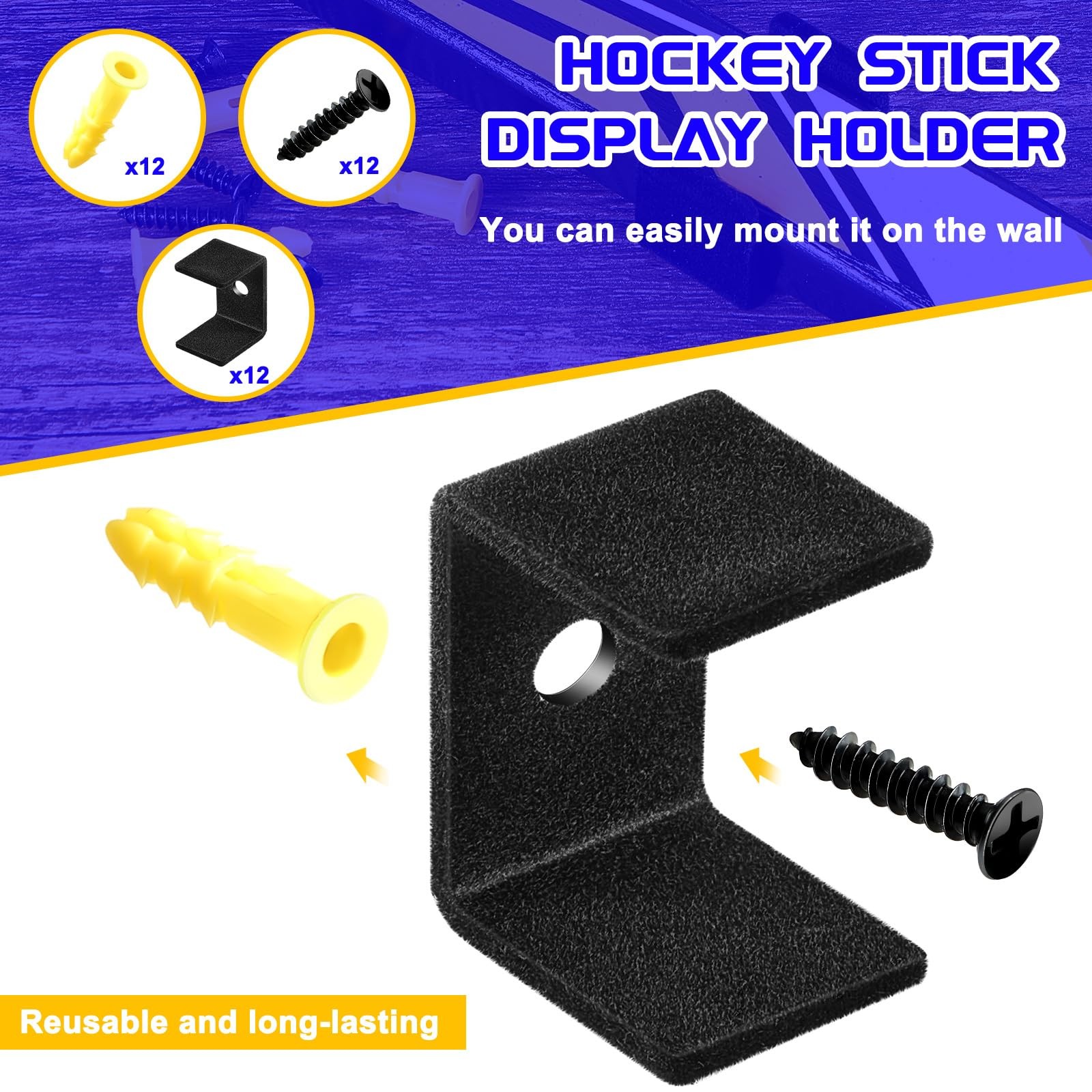 Dunzy 6 Pcs Black Hockey Stick Wall Mount Display Holder Felt