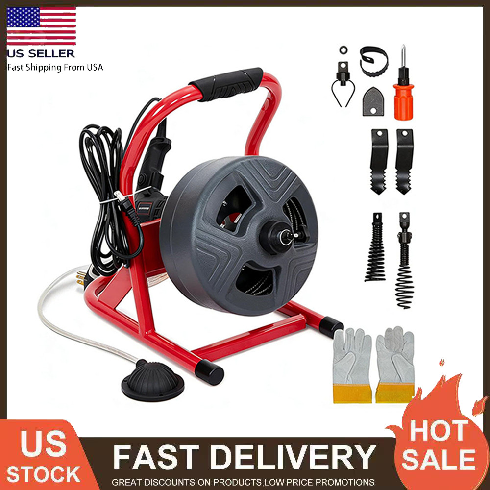 50Ft x 5/16″ Drain Cleaner Machine Drain Auger Sewer Snake Plumbing with Cutters