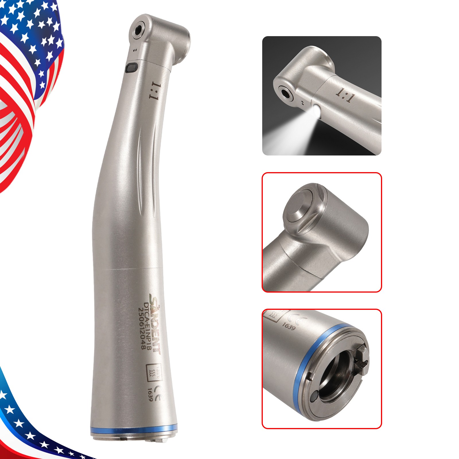 1-5 SANDENT LED Dental 1:1 Fiber Optic Contra Angle Low Speed Handpiece NEW