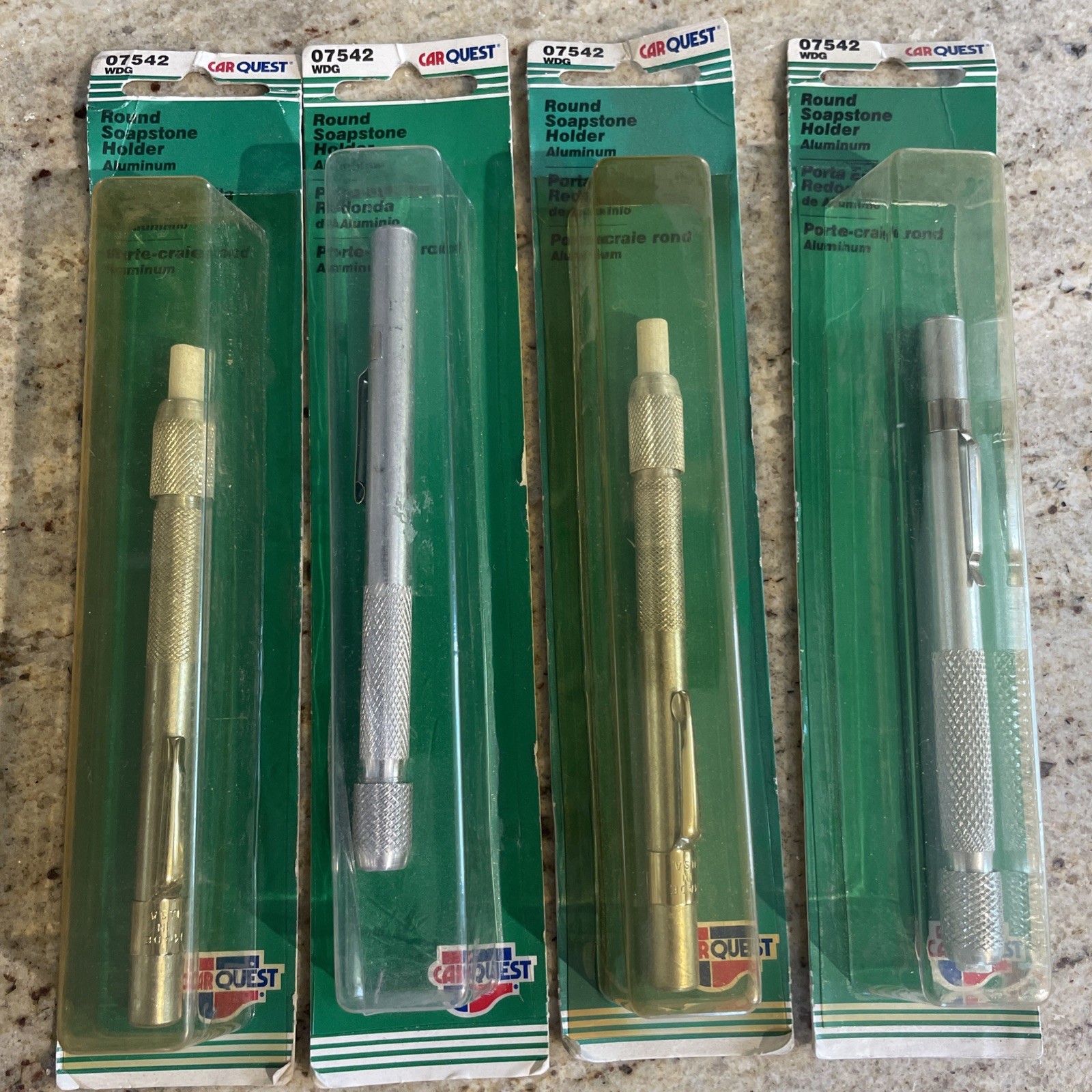 (4) New CARQUEST Round Soapstone Holders (Aluminum) W/Pocket Clip – #07542