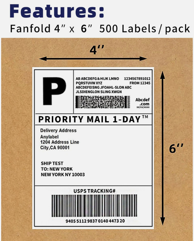 4″x6″ Fanfold Direct Thermal Shipping Labels for Zebra and Rollo Printers 500 PC