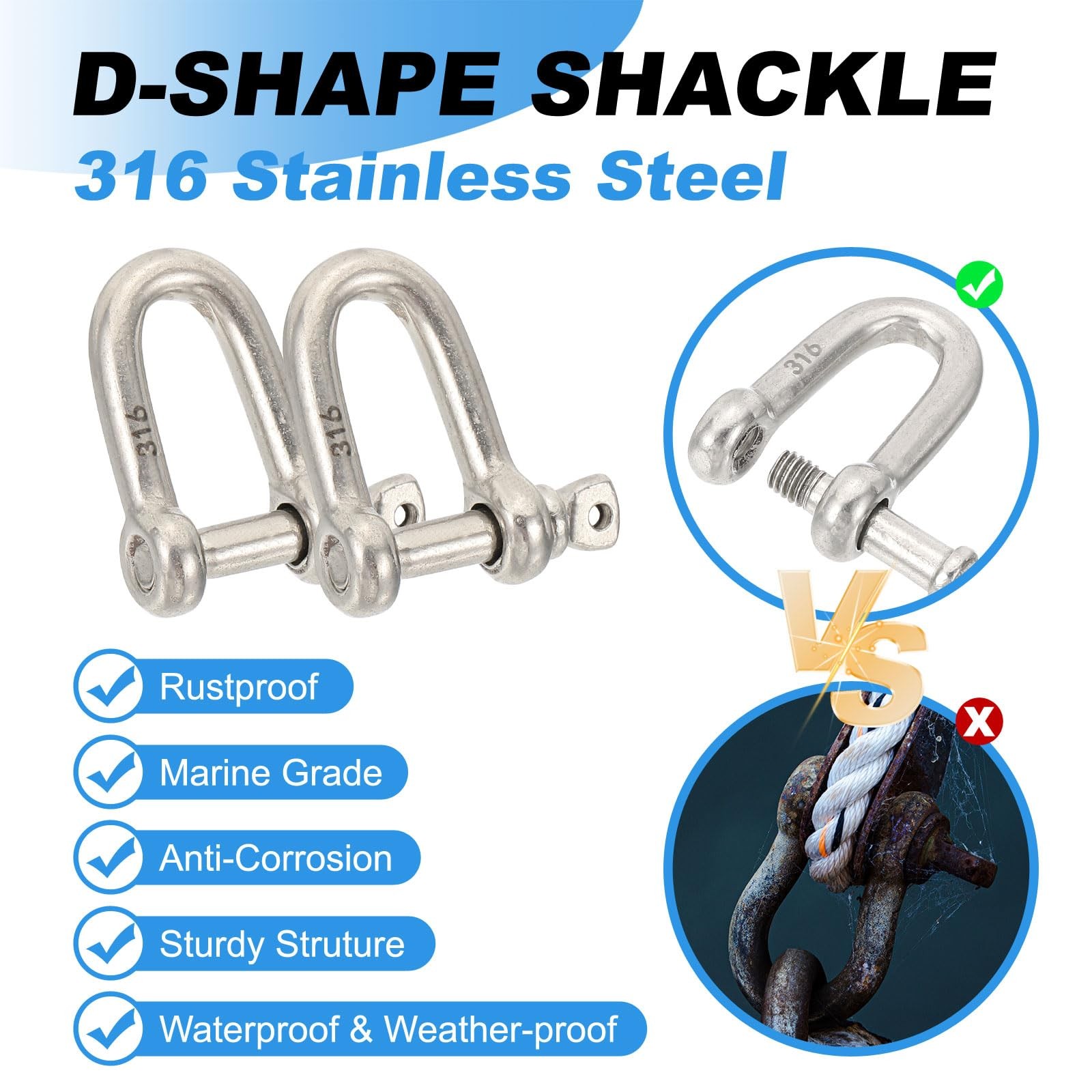 3/16″(4.6mm) 353lb 316 Stainless Steel D Shackle, 8Pcs Heavy Duty Screw Pin S…
