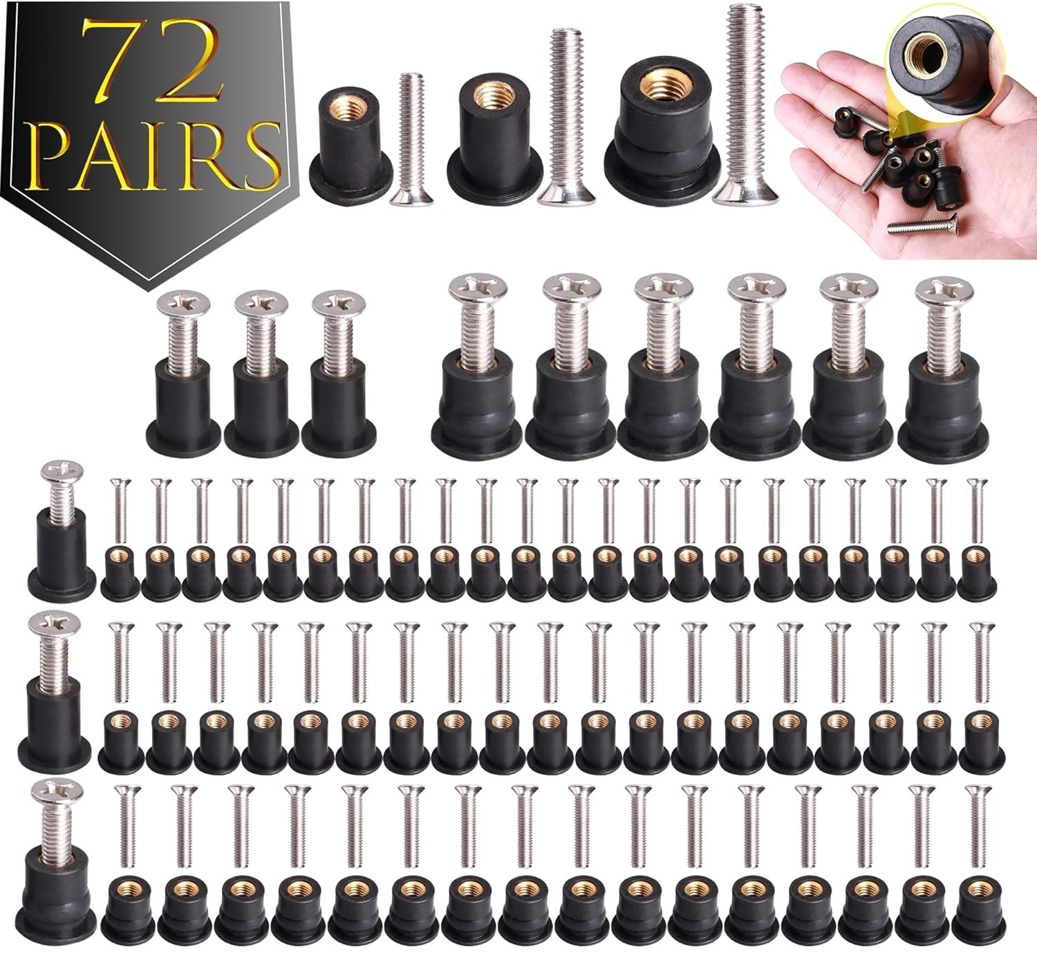 High Strength Rubber Well Nuts M4 M5 M6 – 72 Pairs with Durable Stainless Screws
