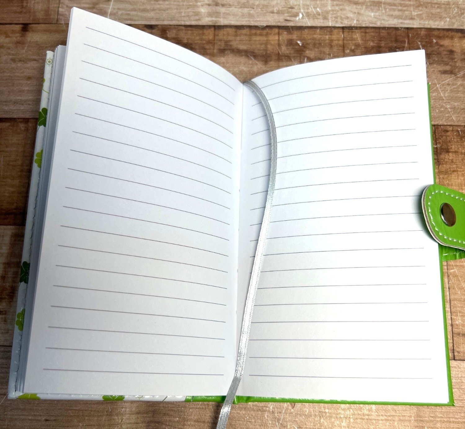 Lucky Clover Green White Lined Notebook Journal Snap Closure Ribbon Bookmark