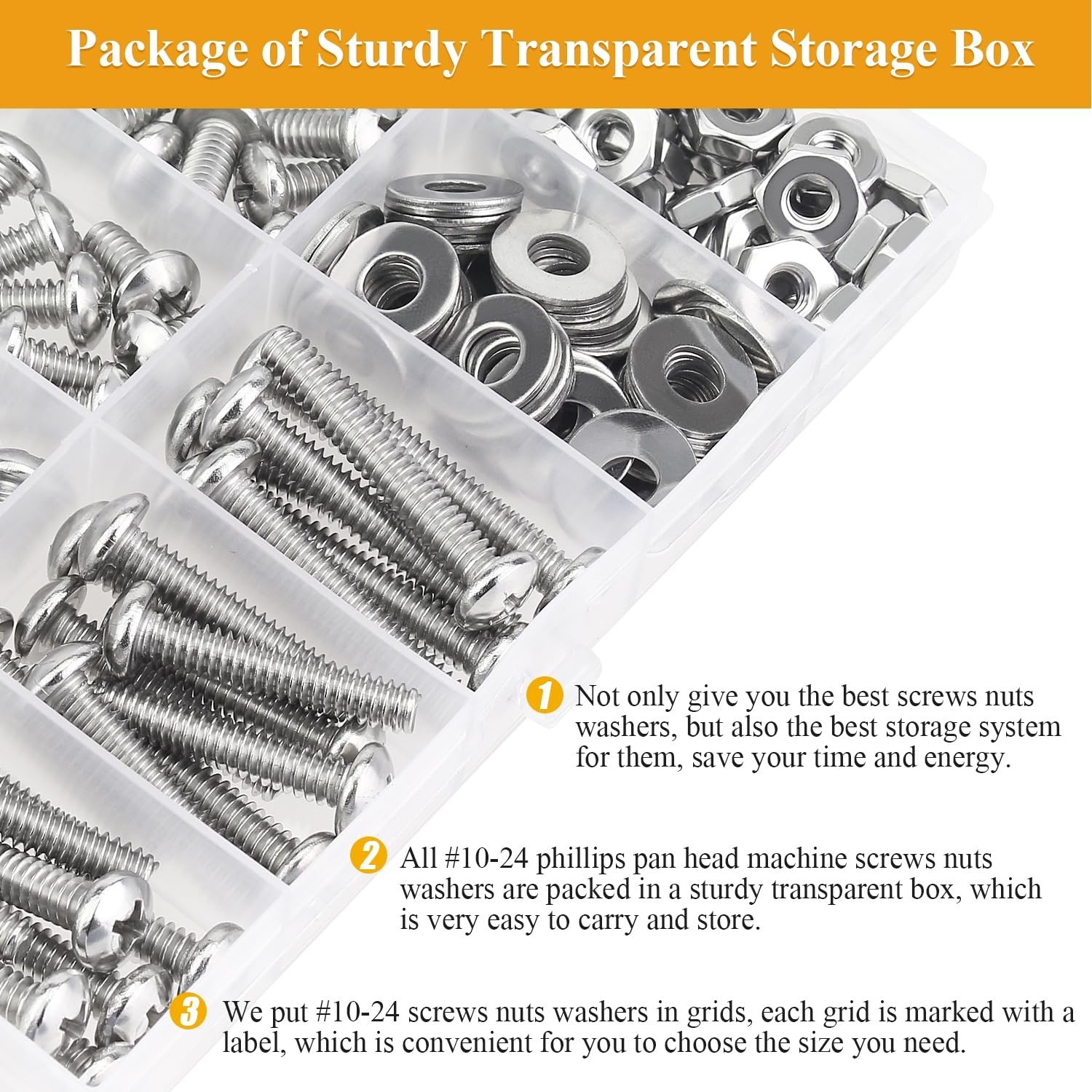 144PC Assortment Kit #10-24 Phillips Pan Head Machine Screws, Nuts & Washers