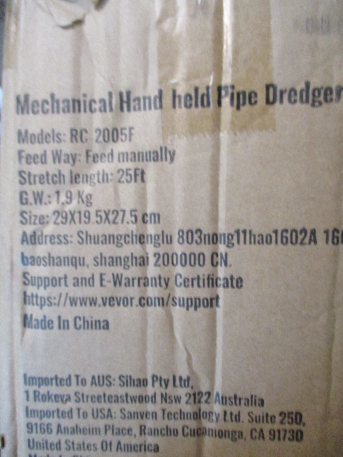 Vevor Mechanical Hand-Held Pipe Dredger Model RC-2005F 25′