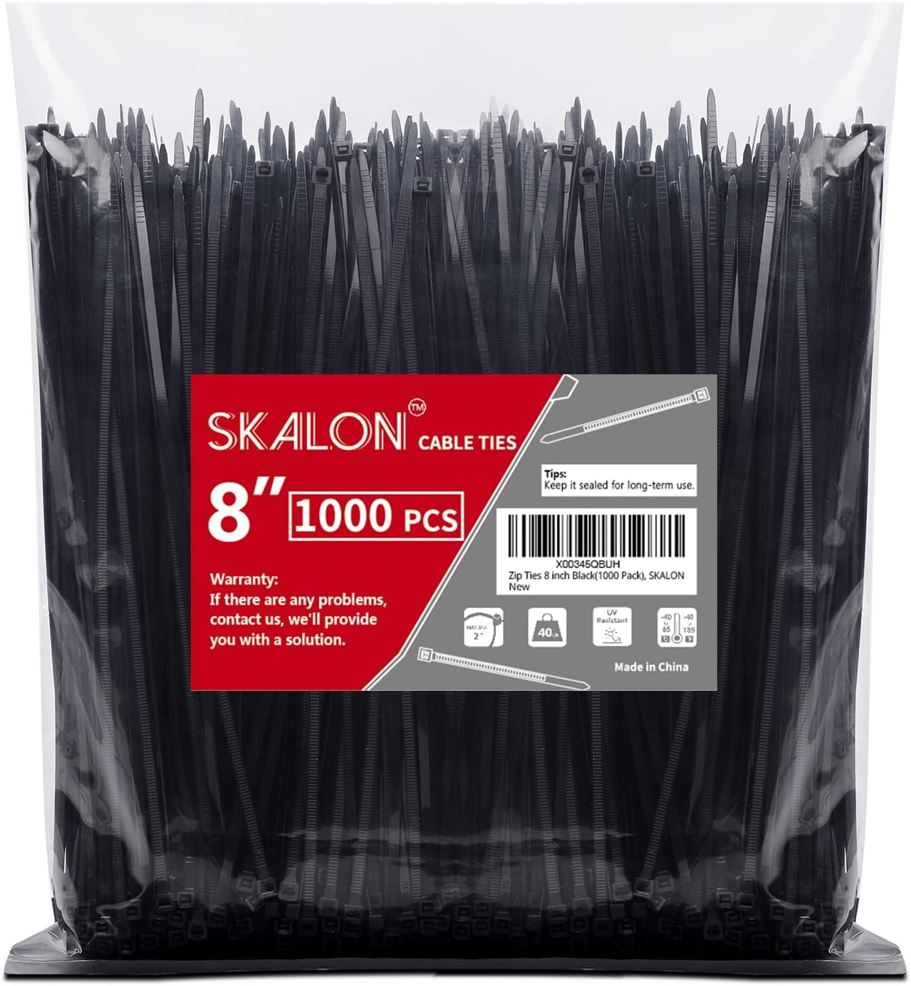 Skalon 1000 Pack 8 Inch Black Zip Ties 40lbs for Indoor Outdoor