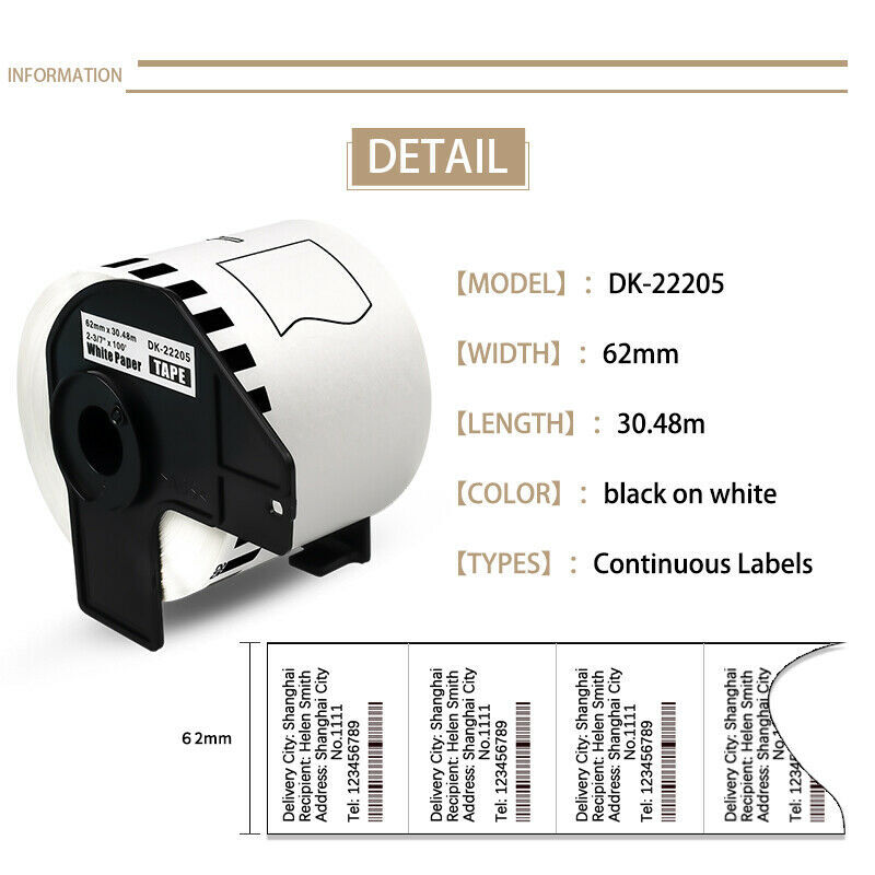 Continuous Label Roll For Brother DK-22205 DK-11241 DK-11247 for QL-570 QL-700