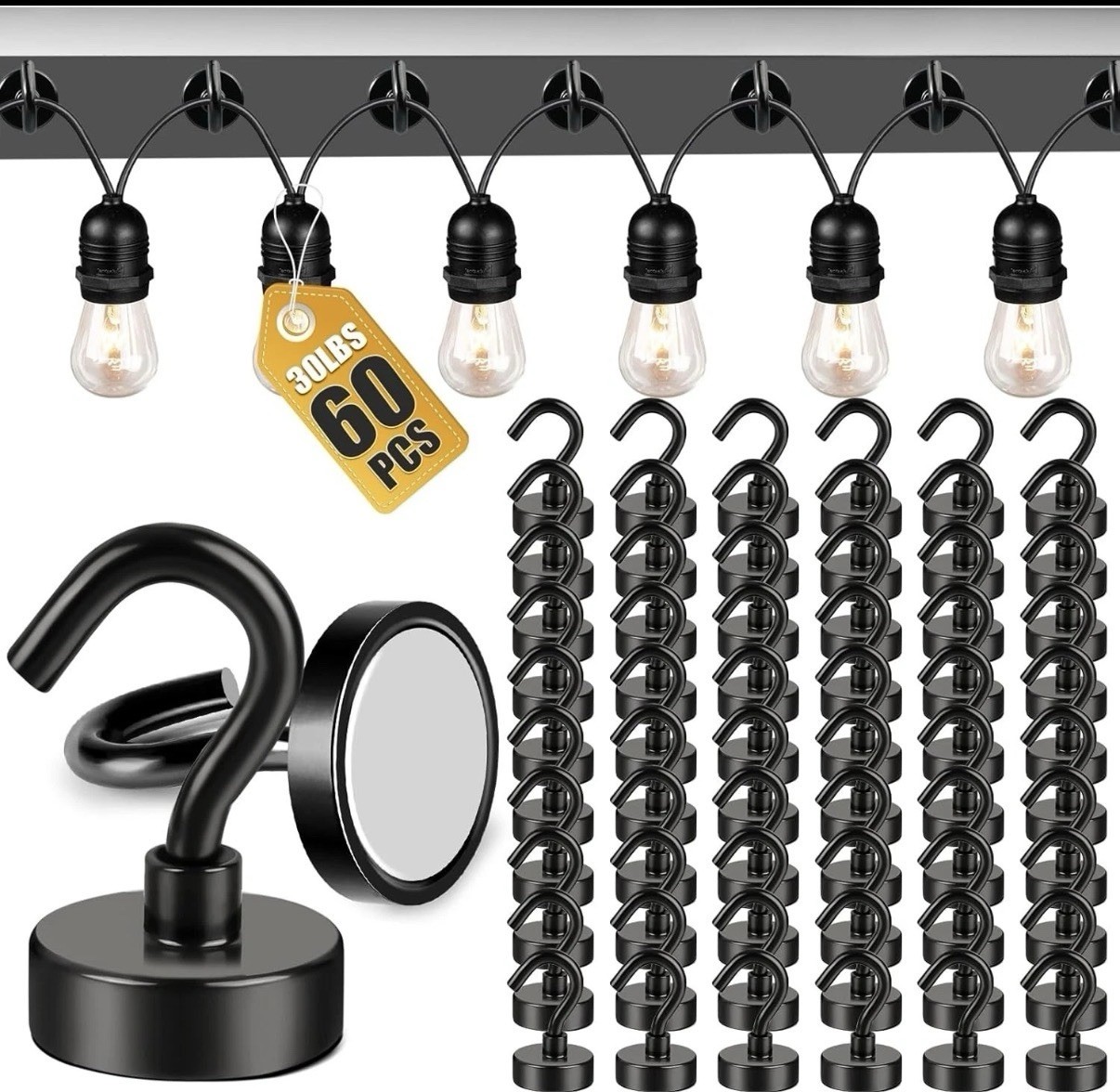 60PCS Neodymium Steel Magnetic Hook Magnets Black 1.38 in x 0.63 in Base 30+ lbs