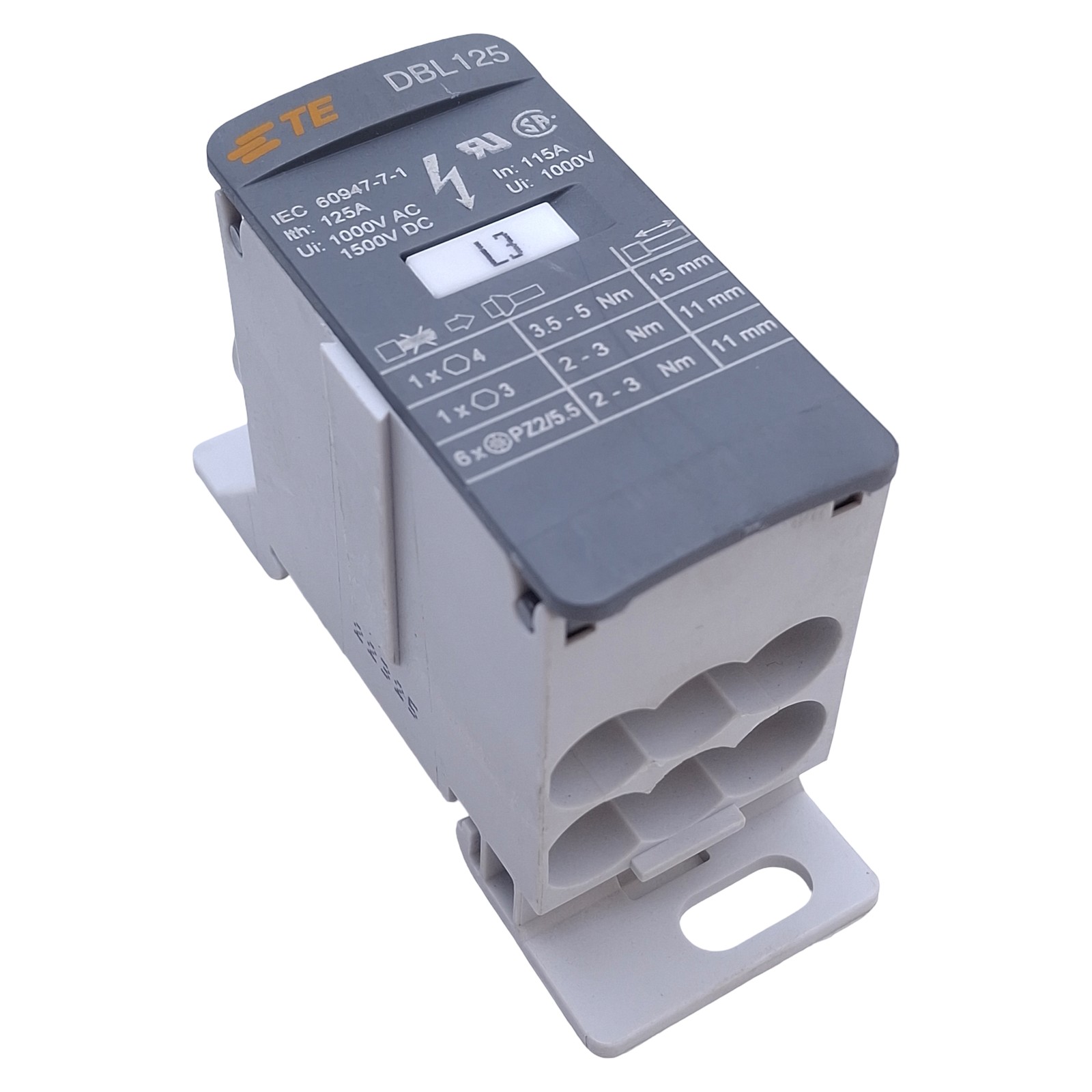 TE Connectivity DBL125 Distribution Block 125A 1000VAC 1500VDC, DIN Rail Mount
