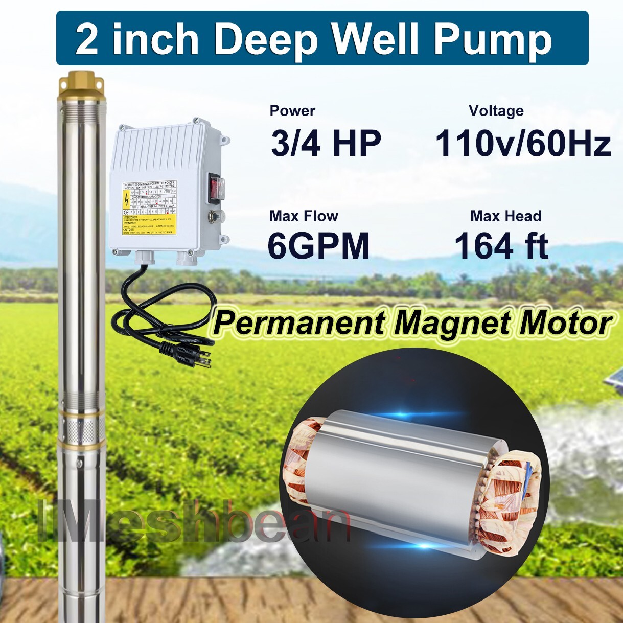 2″ 3/4HP Deep Well Submersible Pump, 110V, 6 GPM, 164FT Max, 26 Stage 50FT Cord