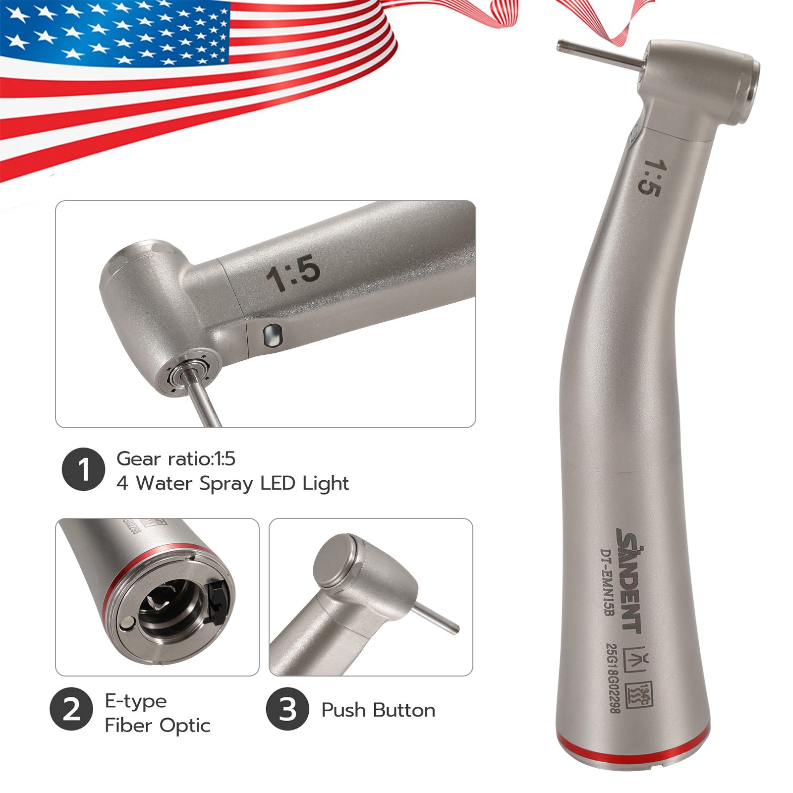 Dental 1:5 Contra Angle FG1.6mm LED Fiber Optic Handpiece MINI HEAD Inner