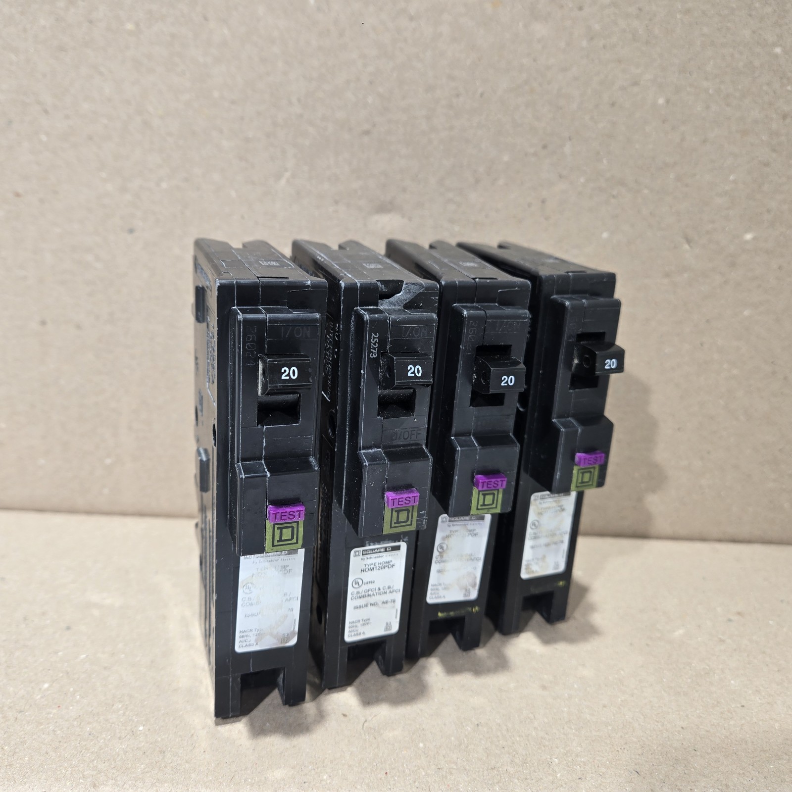 Lot of 4 Square D HOM120PDF 120V 20A Single-Pole Circuit Breaker