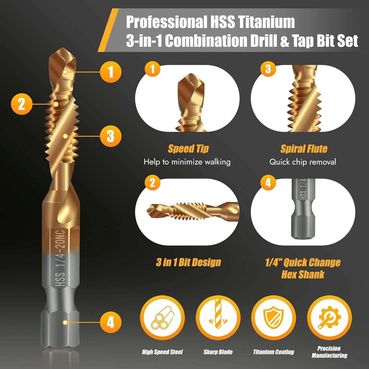 6 Drill Bit & Thread Tap HSS SAE 6-32Nc 8-32Nc 10-32Nc 10-24Nc 12-24Nc 1/4-20Nc.