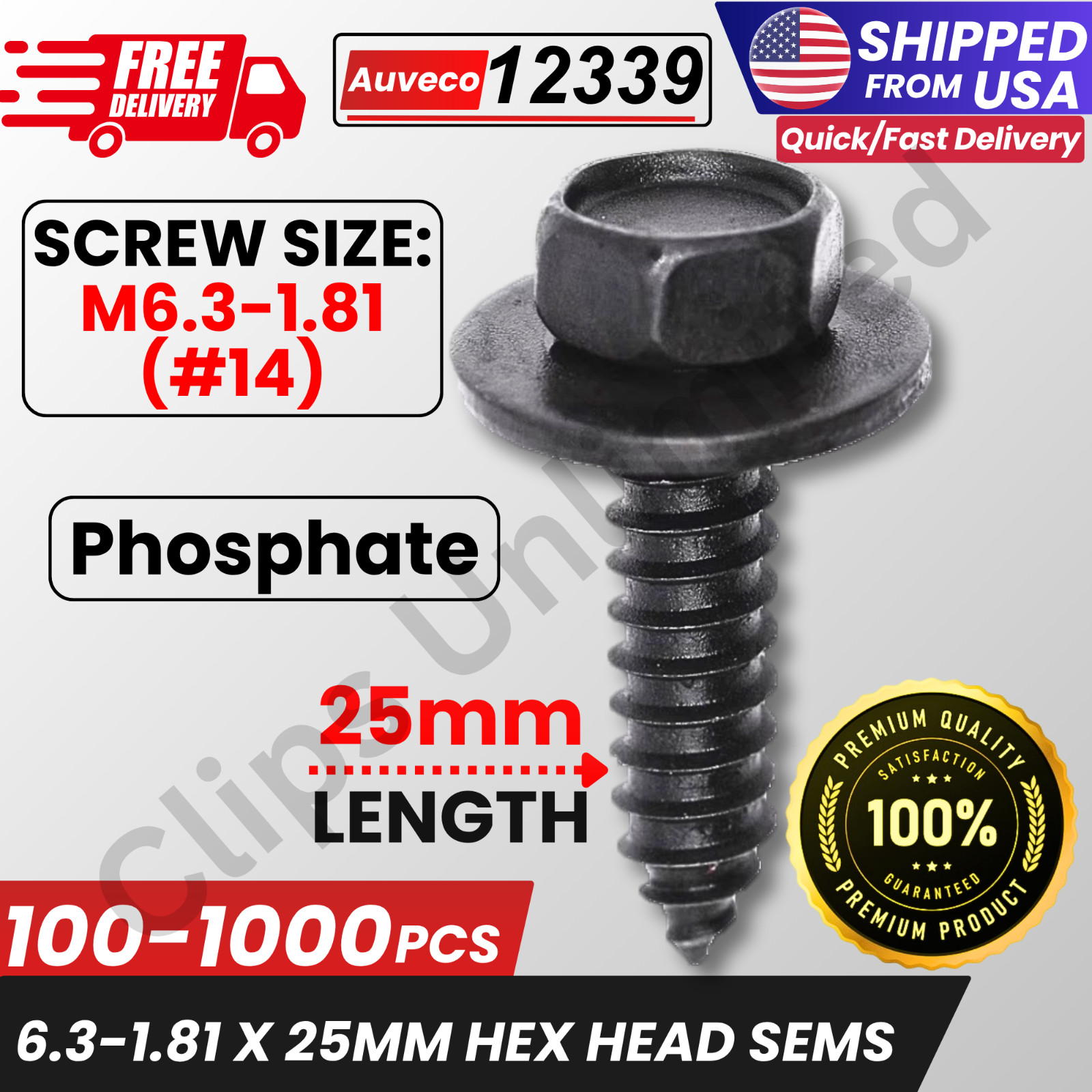 Hex Head SEMS Screw 6.3-1.81 x 25mm 16mm OD Phosphate 12339 GM 11500996 Bulk
