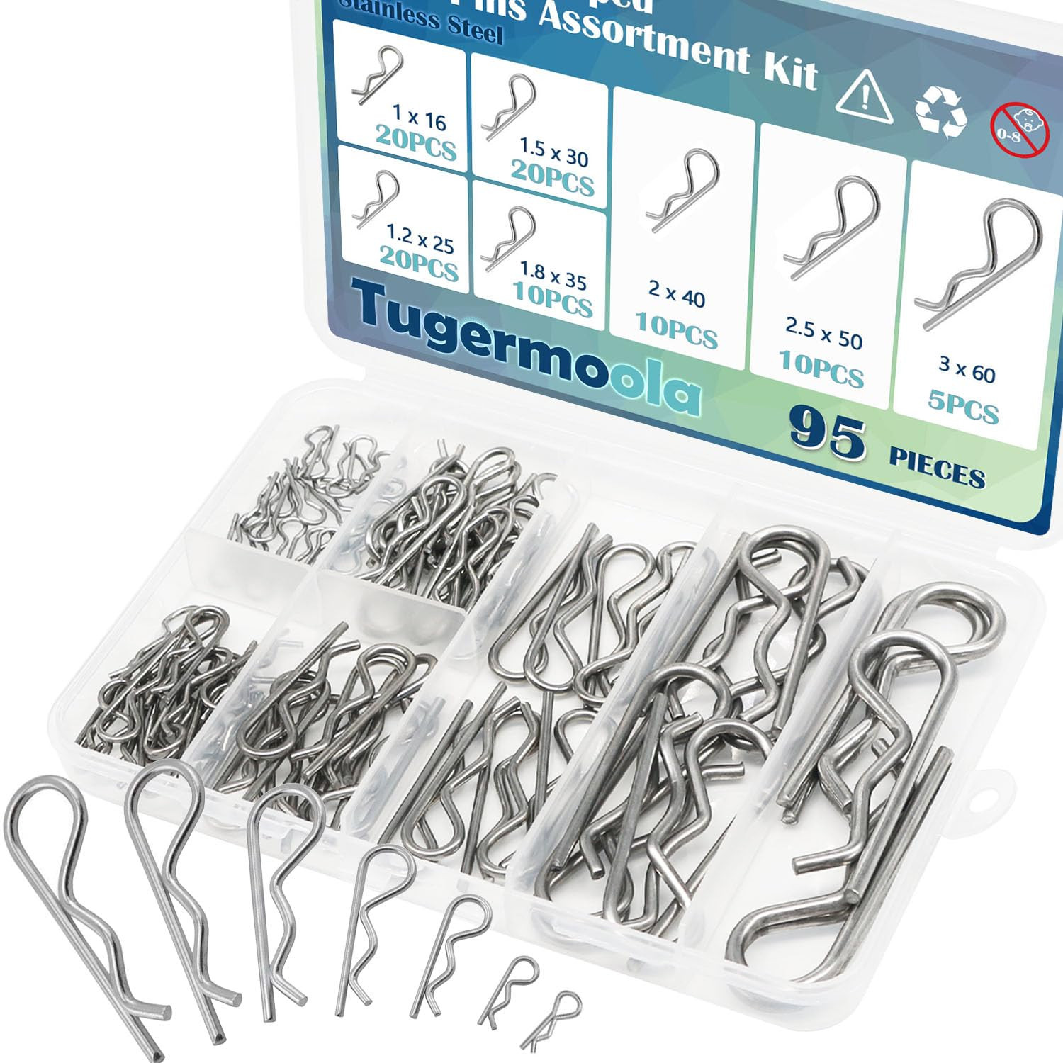 95PCS 7 Sizes Stainless Steel Hitch Pin Clip Assortment Kit R Shaped Cotter Pins