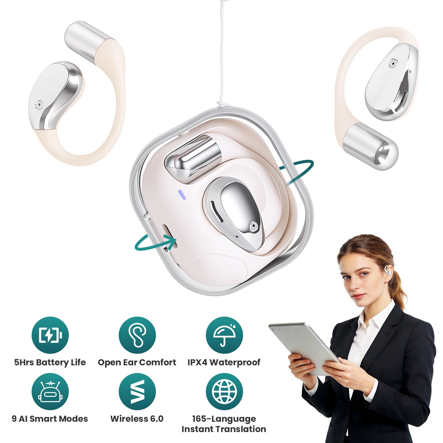 4-In-1 Open-Ear AI Translation Wireless Earbud 165-Language Real-Time Waterproof